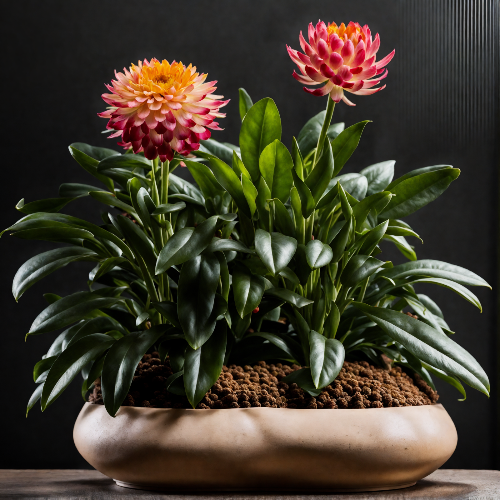 A bowl of Xerochrysum bracteatum (everlasting flowers) on a wooden table, with clear, neutral lighting.