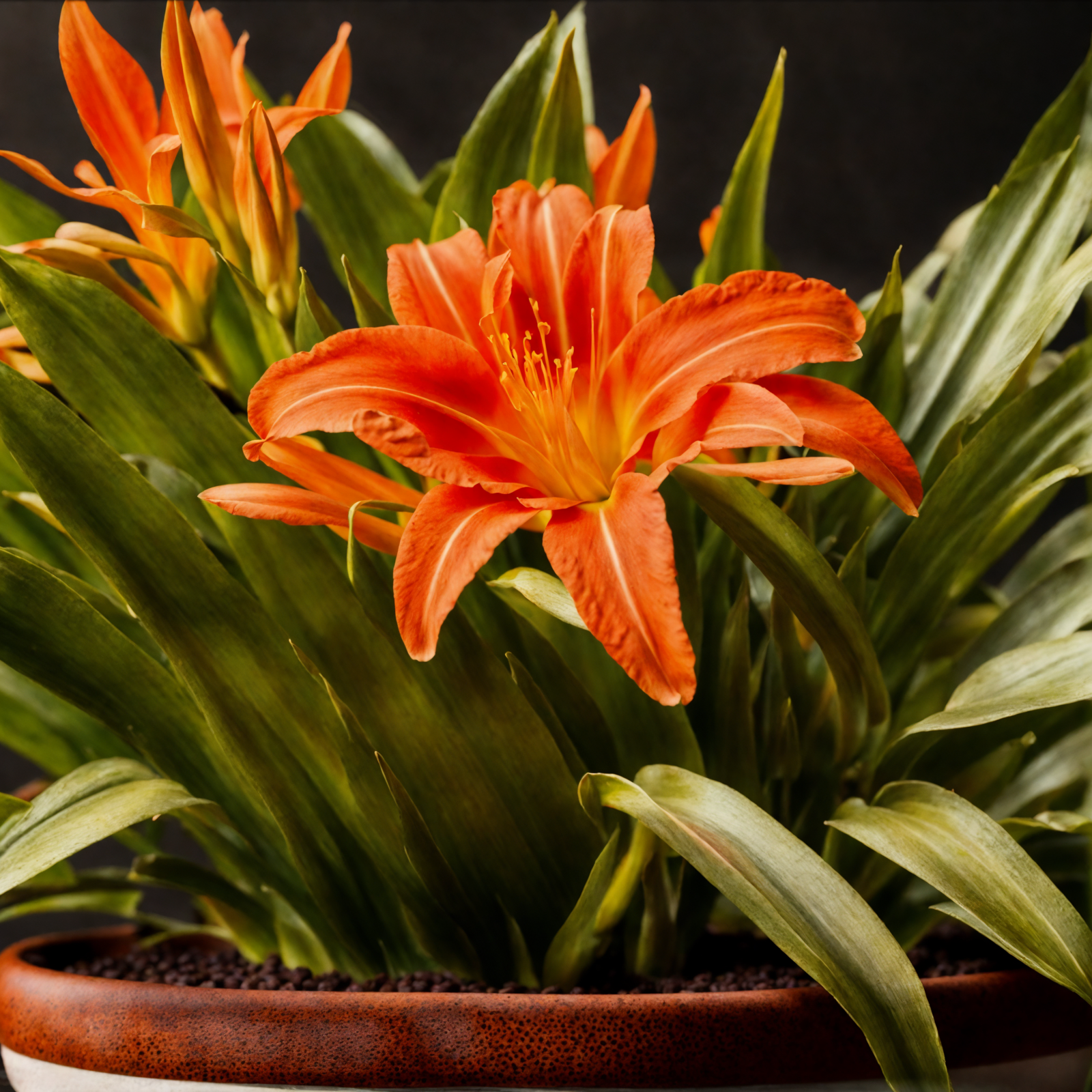 Vibrant Hemerocallis fulva flowers in a bowl, with clear lighting against a dark background.