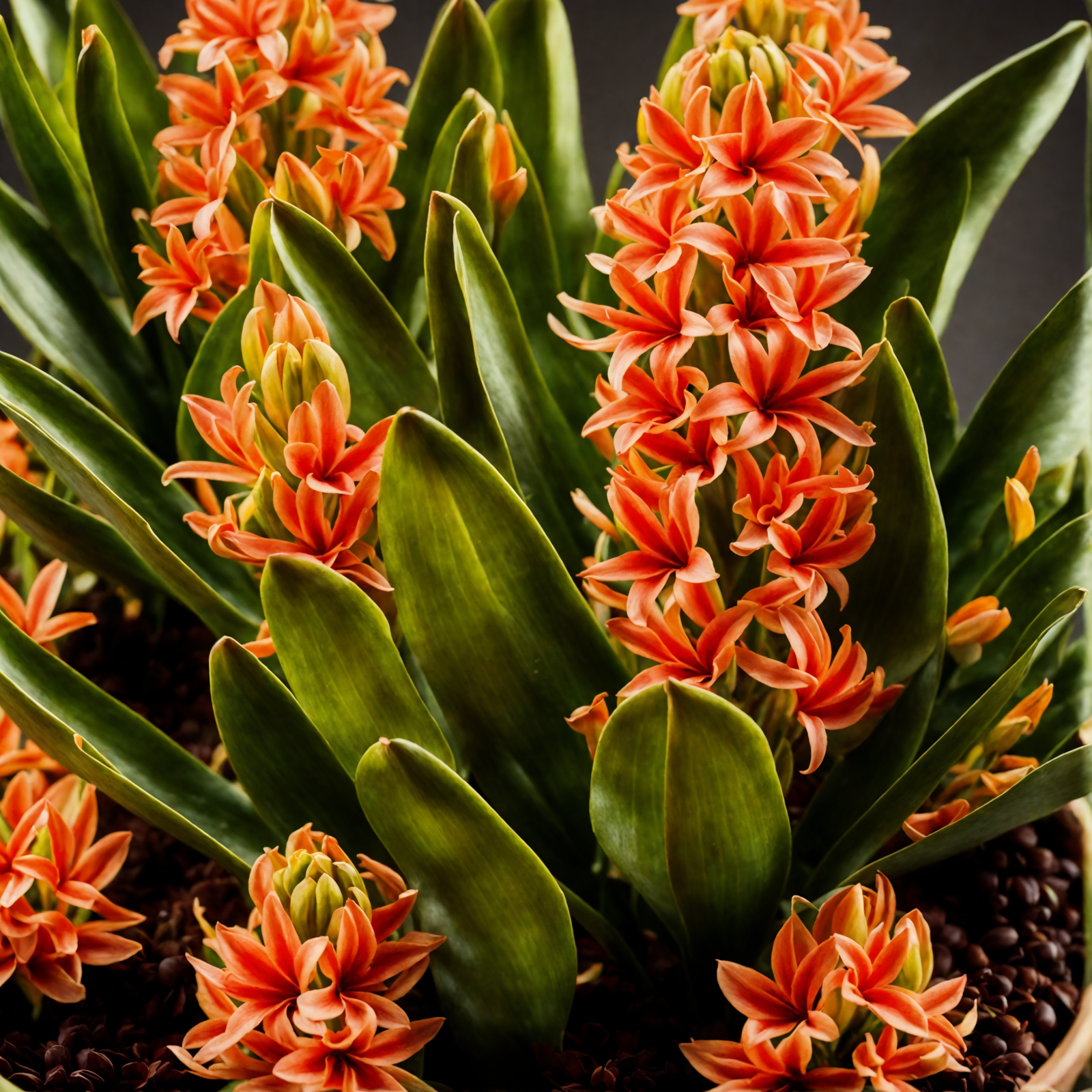 Vibrant red and yellow Hyacinthus orientalis flowers in a planter with clear, neutral lighting.