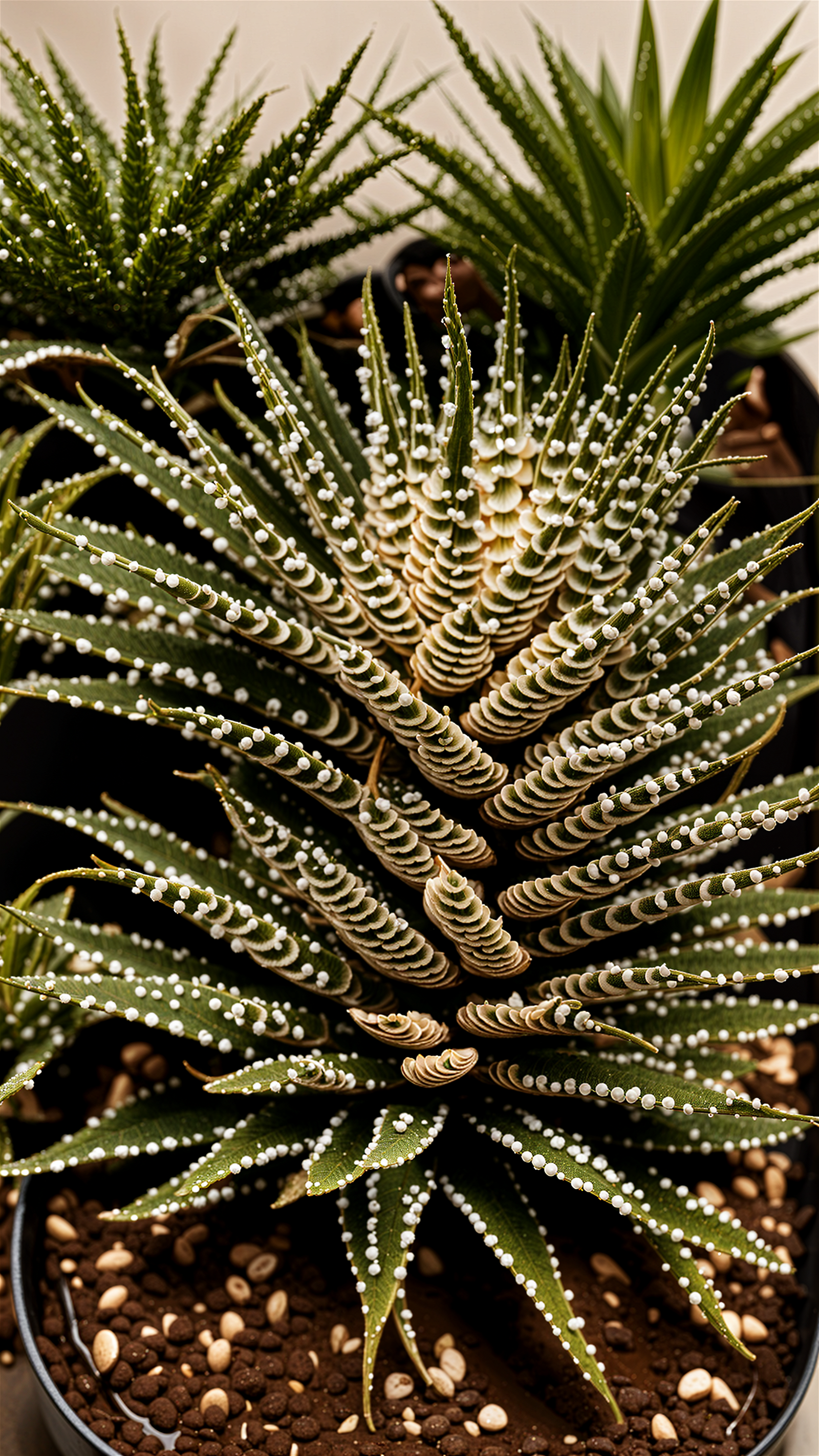 Haworthiopsis fasciata plant in a planter, detailed leaves, indoor décor, under clear lighting.