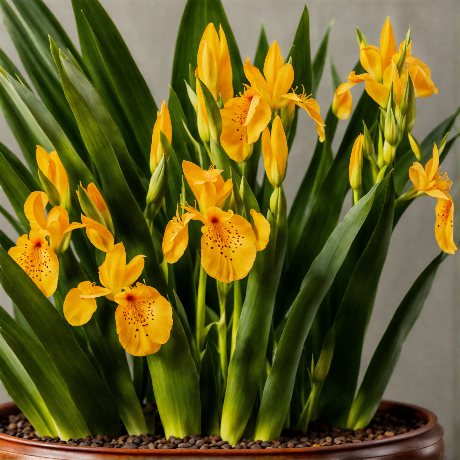 A highly detailed, hyper-realistic Iris pseudacorus with yellow flowers in a planter, against a dark background.