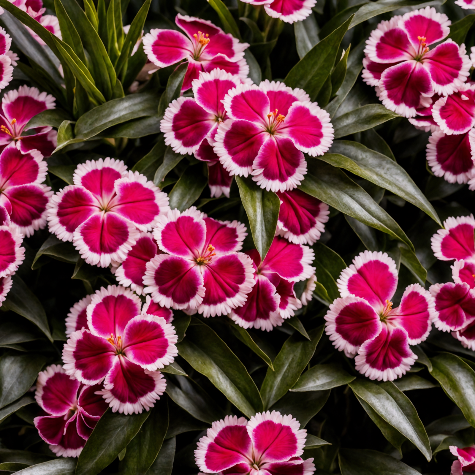 Vibrant pink Dianthus barbatus flowers in a planter, with clear lighting against a dark background.