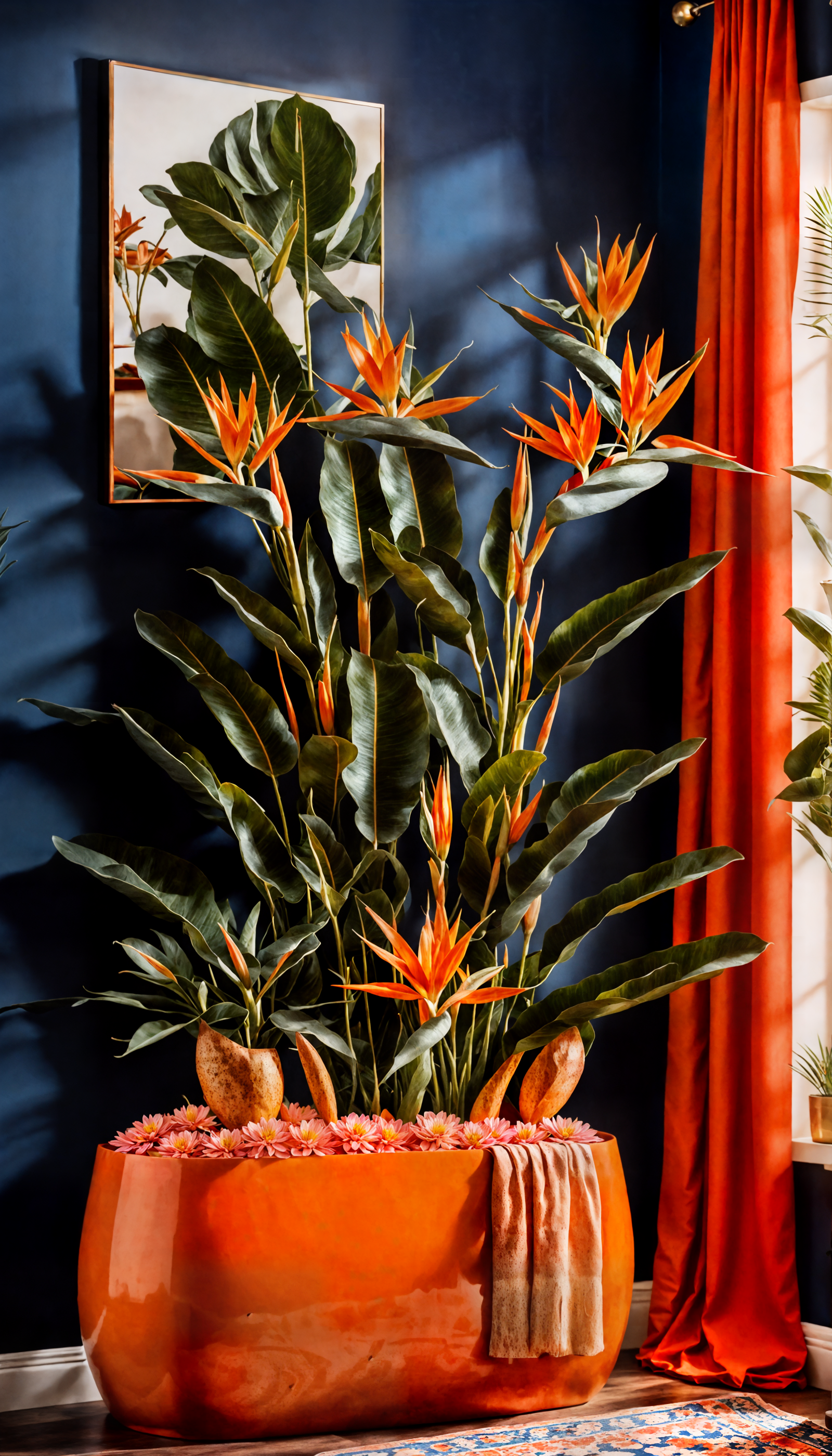 Strelitzia reginae, or Bird of Paradise, in a modern indoor setting with clear lighting.