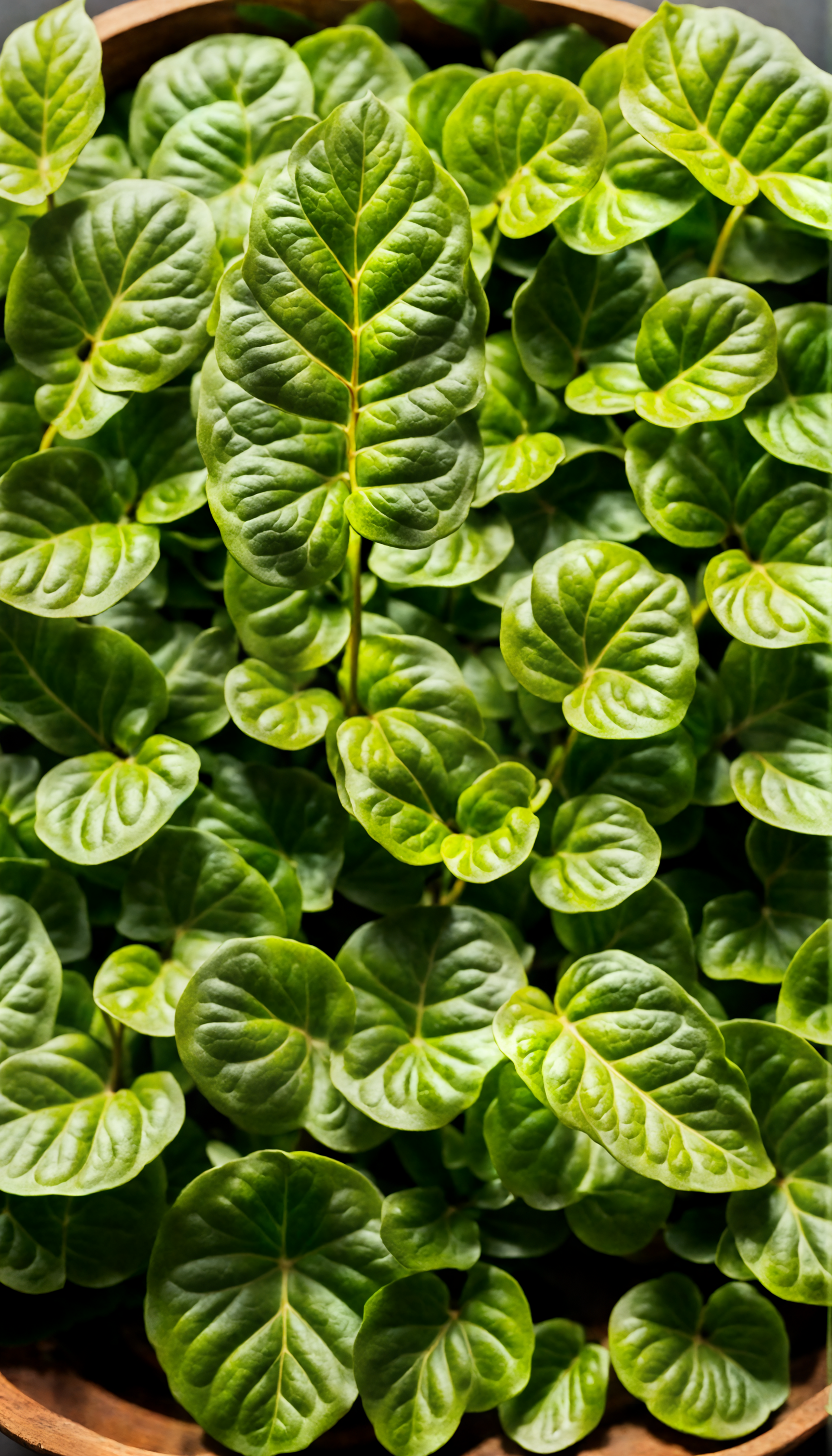 Lysimachia nummularia, or creeping Jenny, arranged in a wooden bowl, with clear lighting against a dark background.
