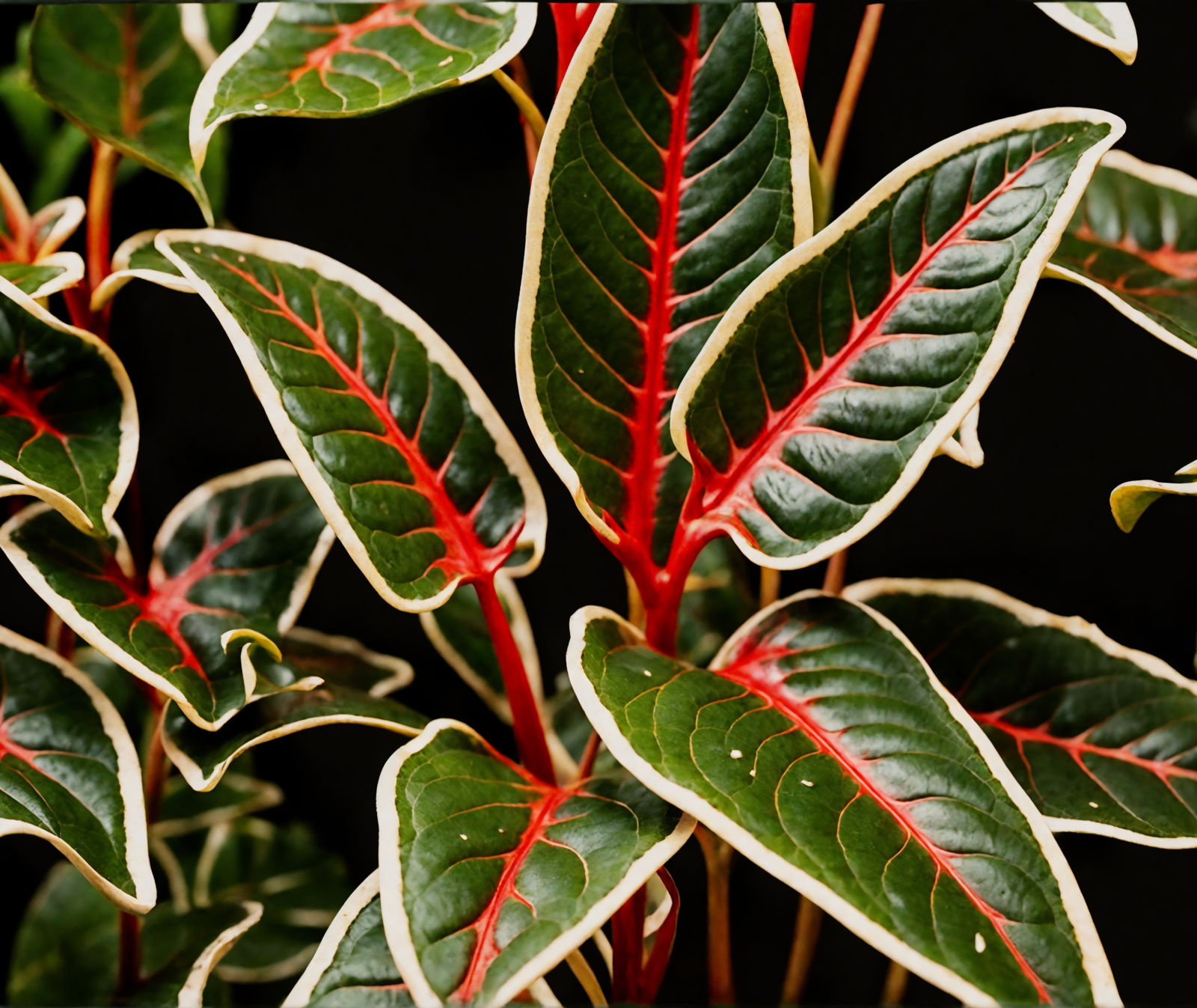Caladium bicolor with vibrant green and red leaves in a planter, clear indoor lighting, dark background.