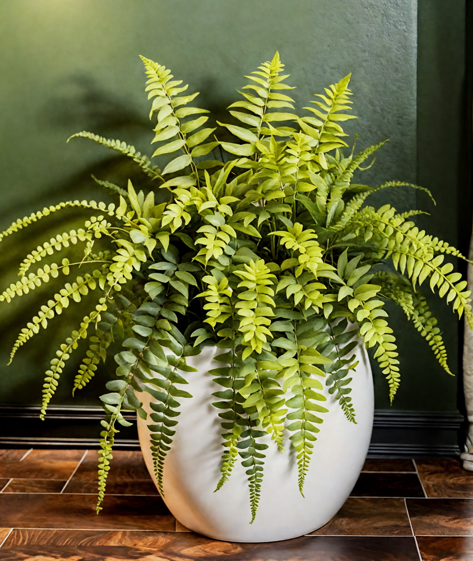 A lush Boston fern (Nephrolepis exaltata) in a white bowl on a wooden floor, with clear, neutral lighting.