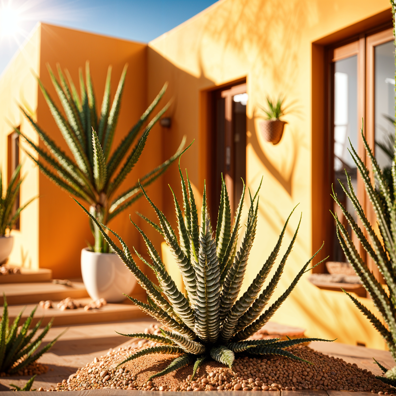 Haworthiopsis fasciata plant thriving in a sunny, desert garden with a Mexican-style house backdrop.
