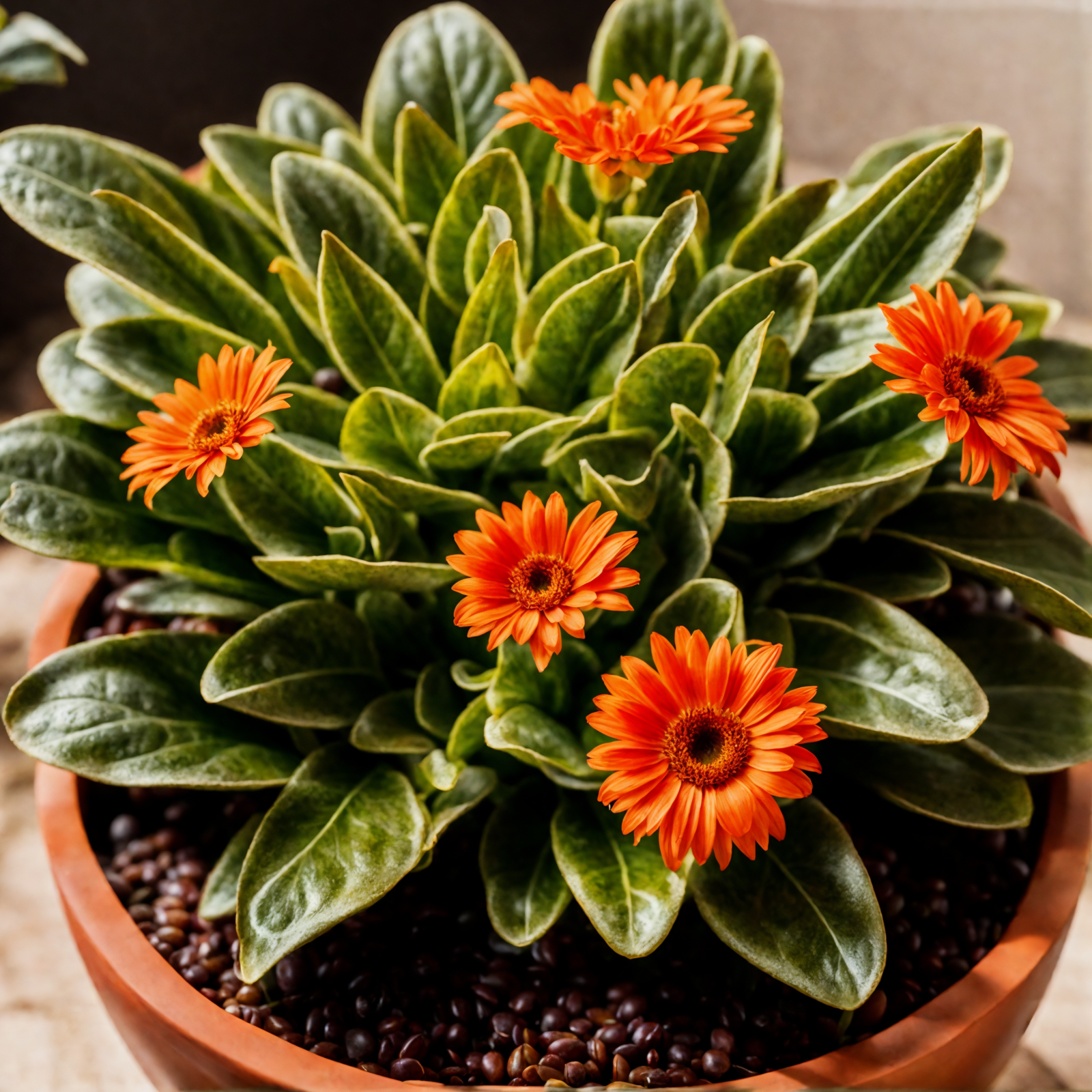 A vibrant Gerbera jamesonii with orange petals in a bowl, set against a dark background with clear lighting.