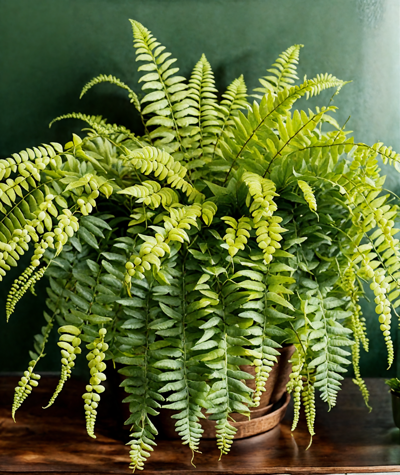 Potted Nephrolepis exaltata (Boston fern) on a wooden table with green bananas, in a well-lit rustic room.