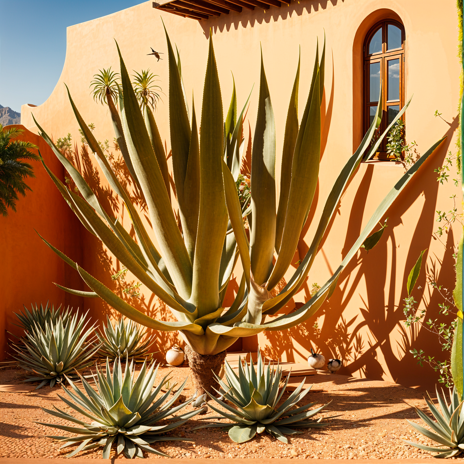 Agave americana plant in a sunny Mexican-style garden with a panoramic desert view.