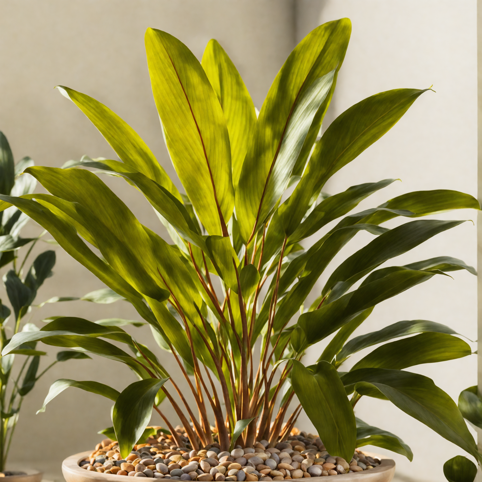 Cordyline fruticosa in a bowl planter on a table, with clear, neutral lighting, part of indoor decor.