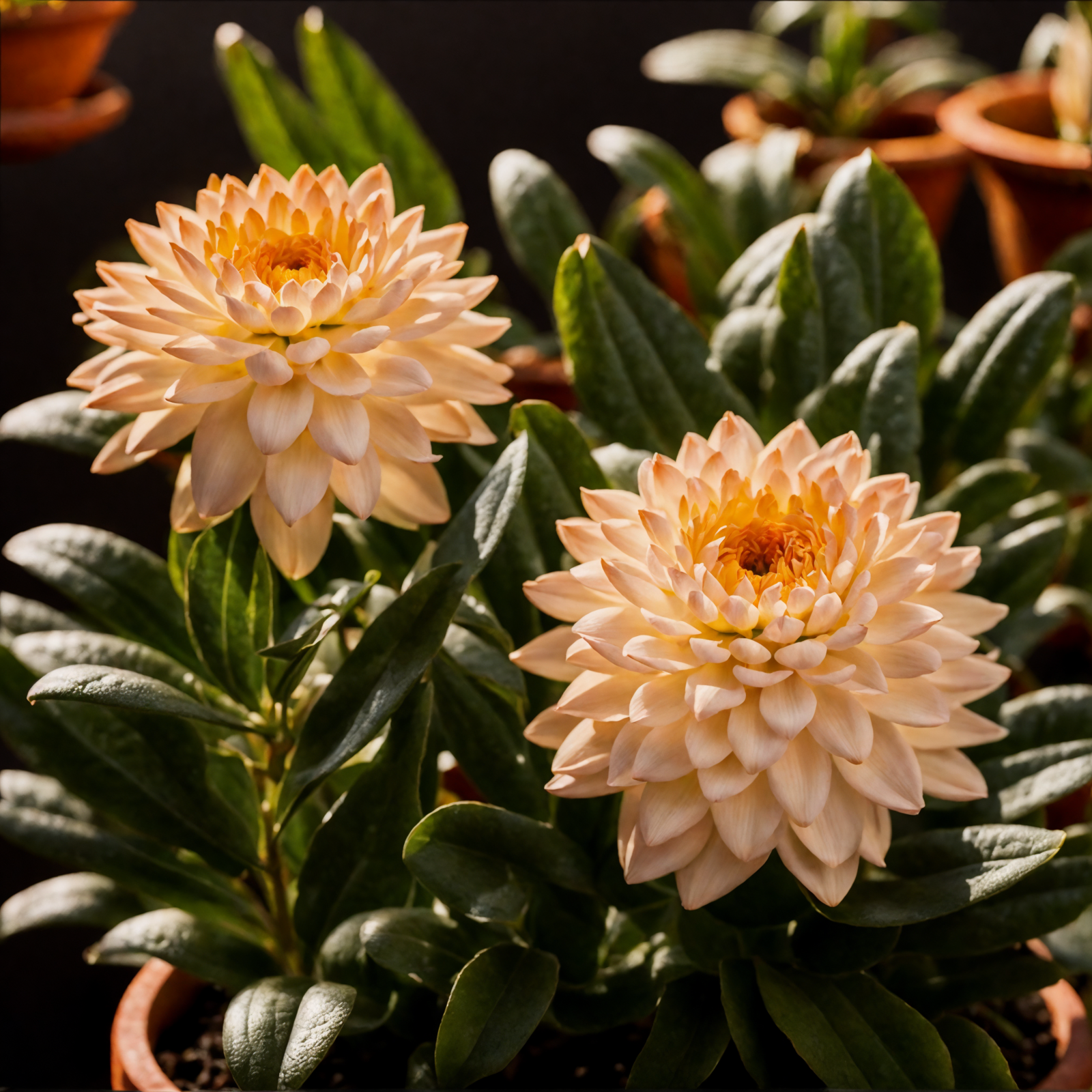 A Xerochrysum bracteatum with large white blooms, yellow centers, against a dark background indoors.