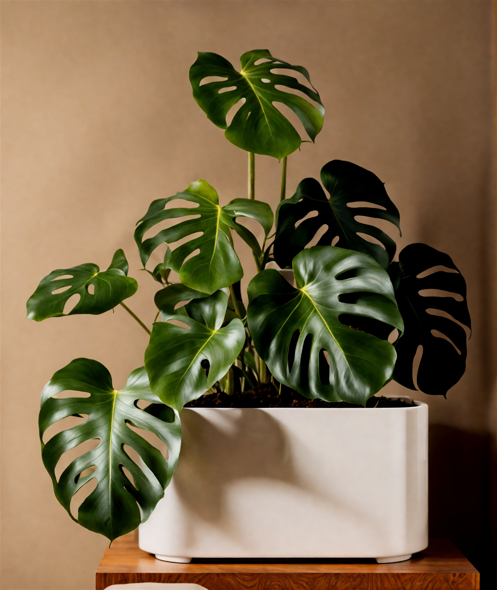Monstera deliciosa plant with detailed leaves in a planter, set against a dark background in clear lighting.