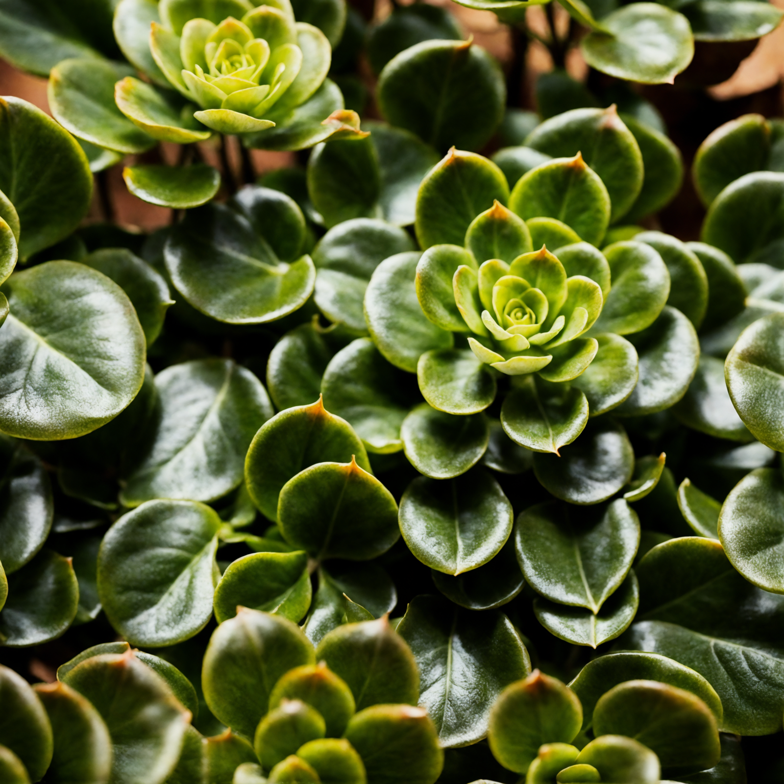 Sedum makinoi with lush green leaves in a planter, clear lighting, against a dark background.