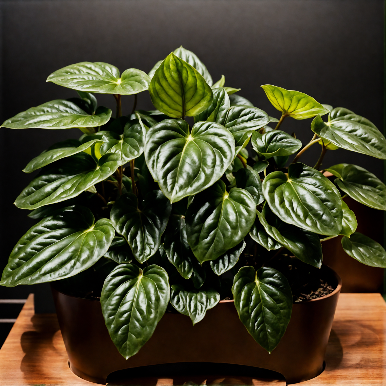 Peperomia caperata in a brown bowl on a wooden table, with clear lighting and a dark background.