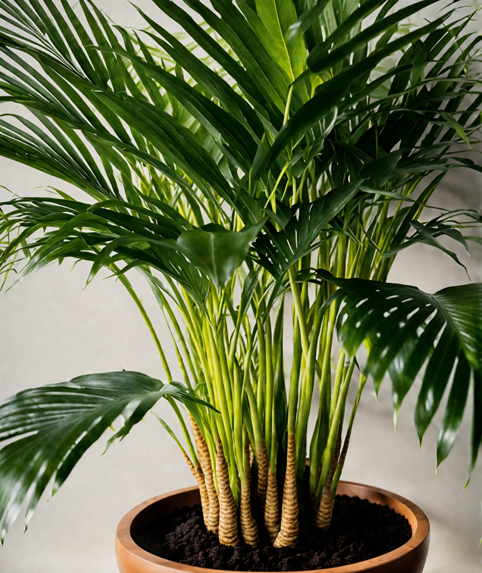 Dypsis lutescens in a planter with bananas in a bowl beside it, clear lighting, dark background.