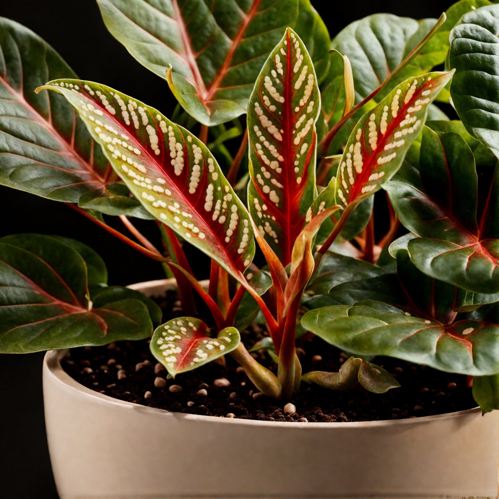 Caladium bicolor with vibrant leaves in a white bowl planter, clear lighting against a dark background.
