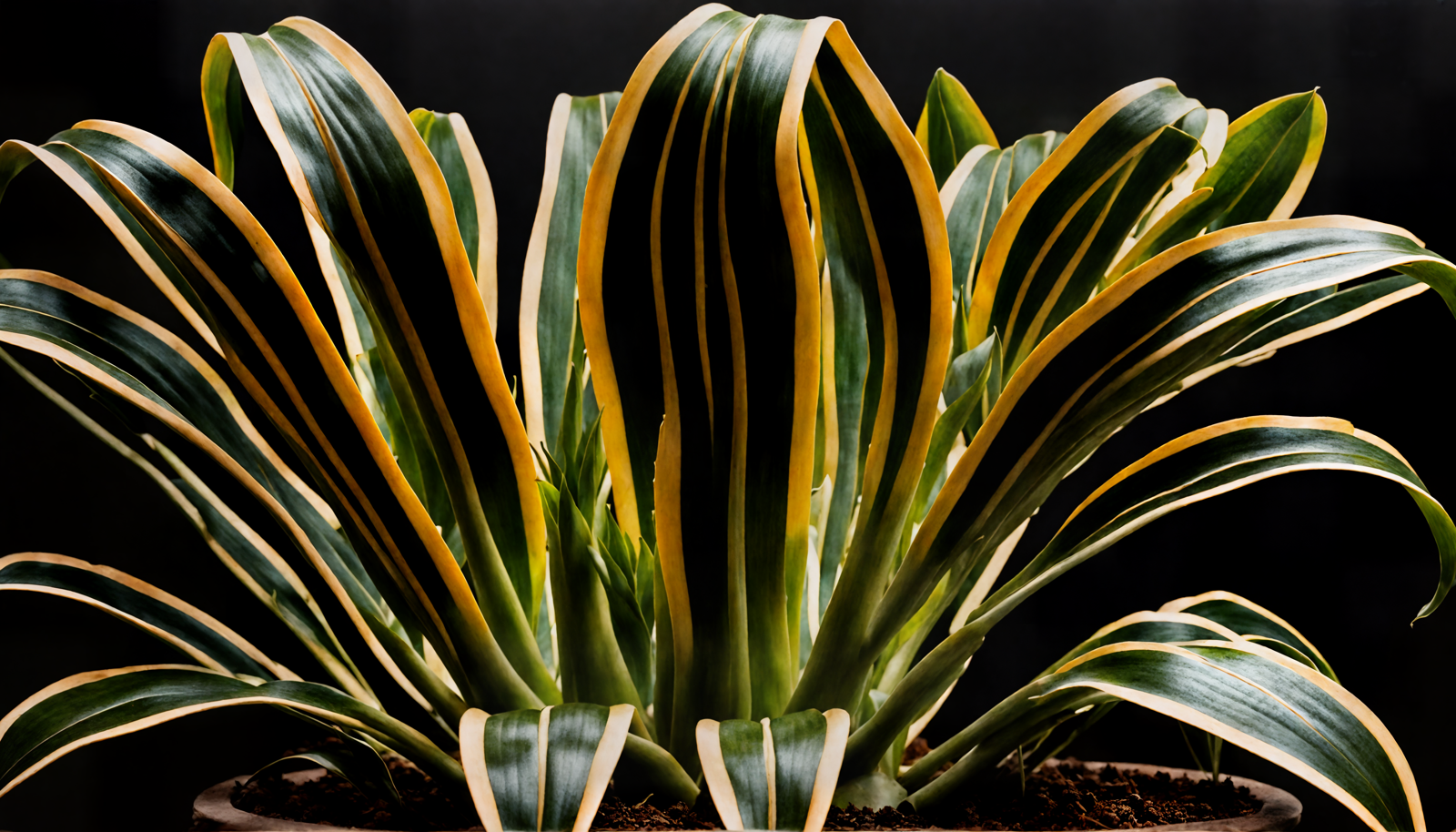 Agave americana in a planter, detailed leaves, indoor setting, clear lighting, against a dark background.