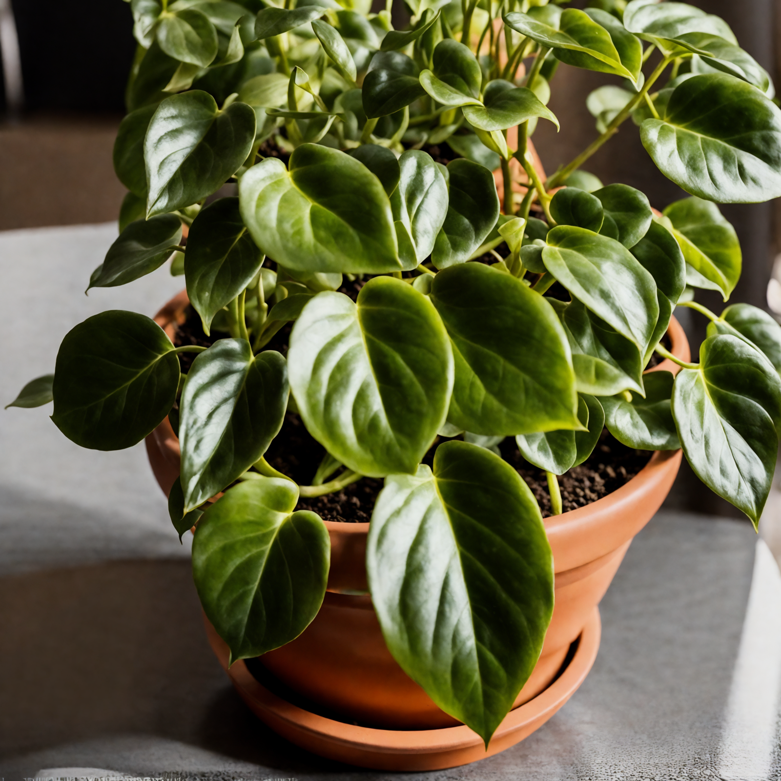 Peperomia serpens in a bowl planter on a table, with clear lighting and a dark background.