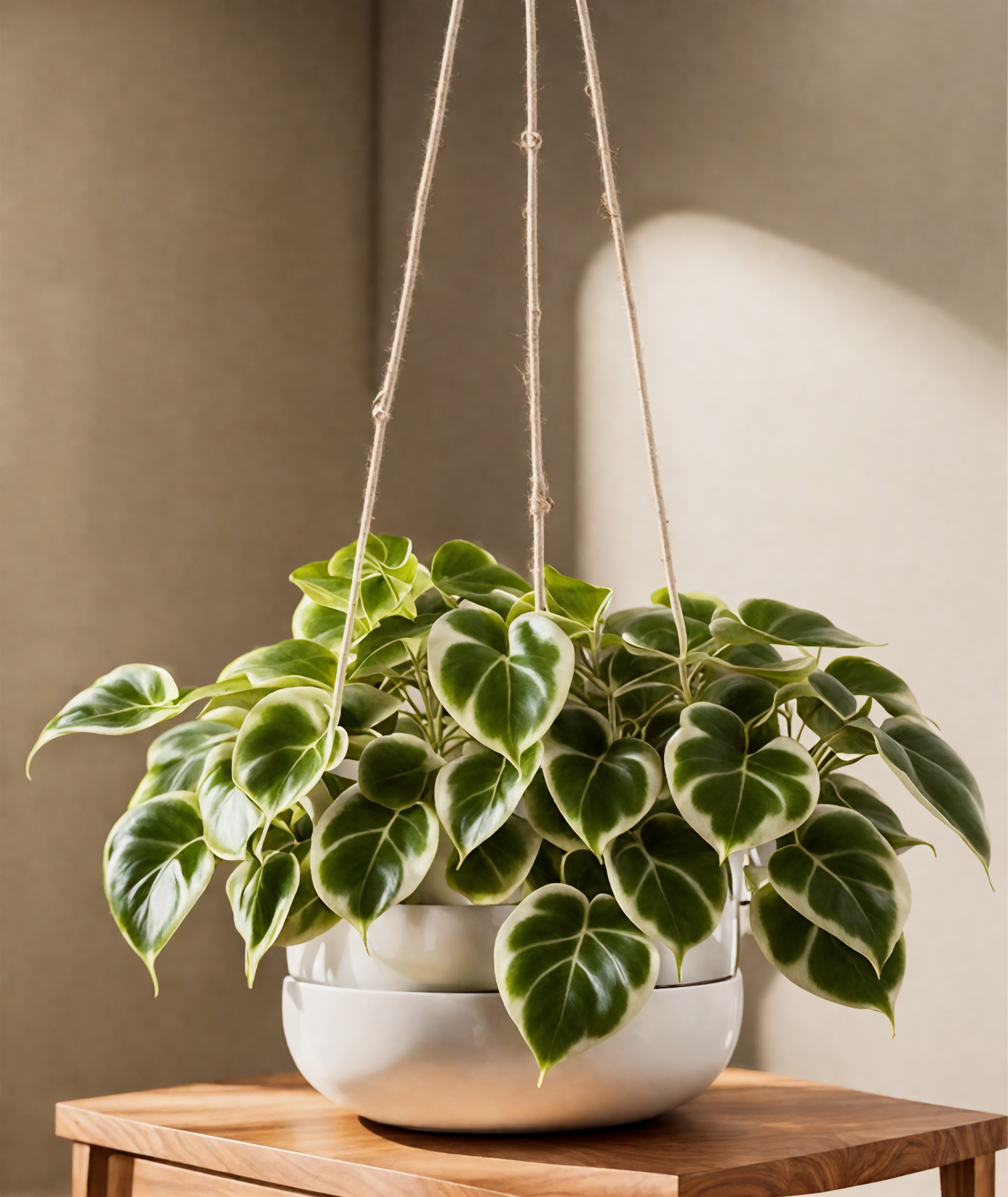 Peperomia serpens with heart-shaped leaves on a wooden table, clear indoor lighting.