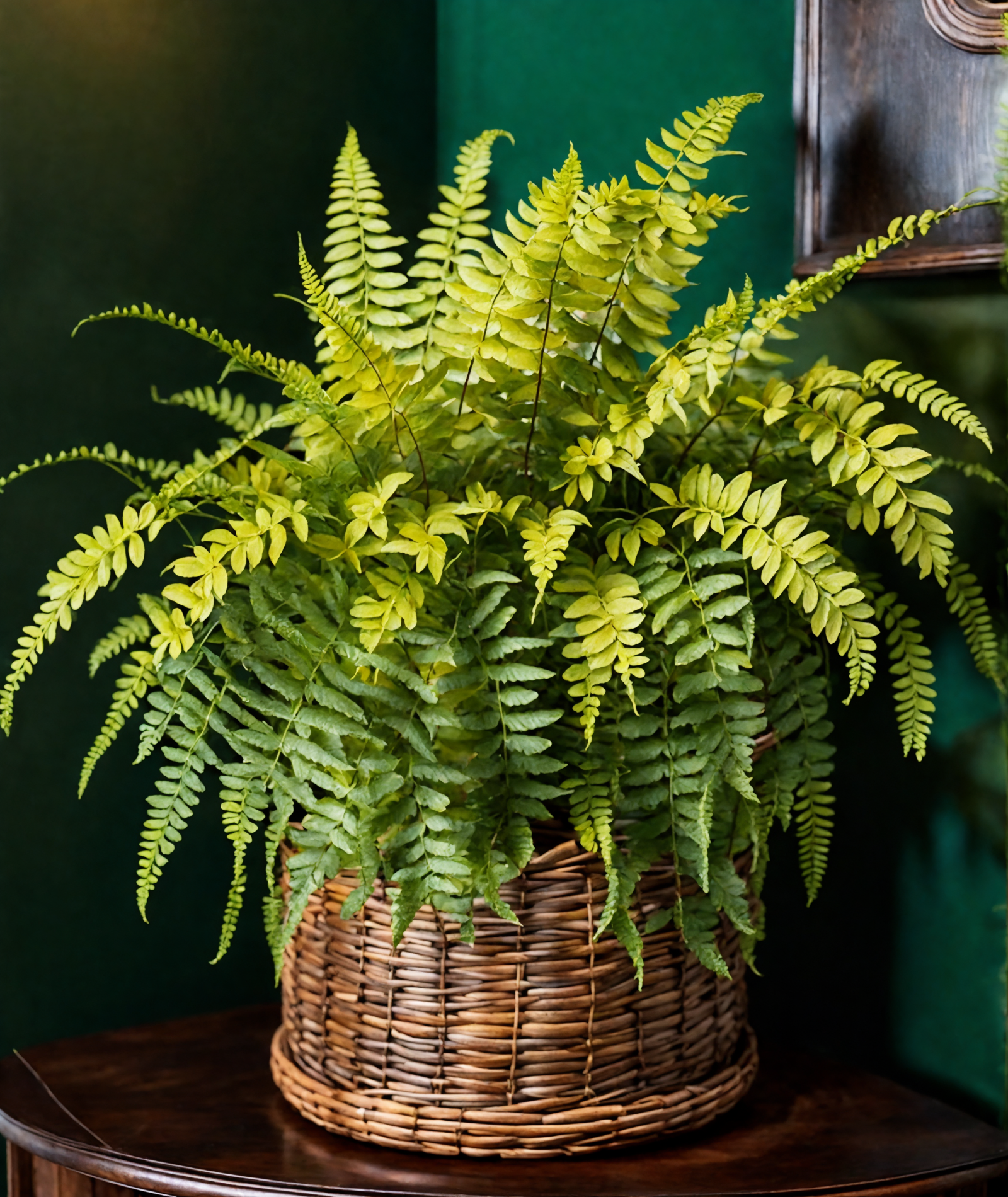 Lush Boston fern (Nephrolepis exaltata) in a rustic wood planter on a wooden table, well-lit room.