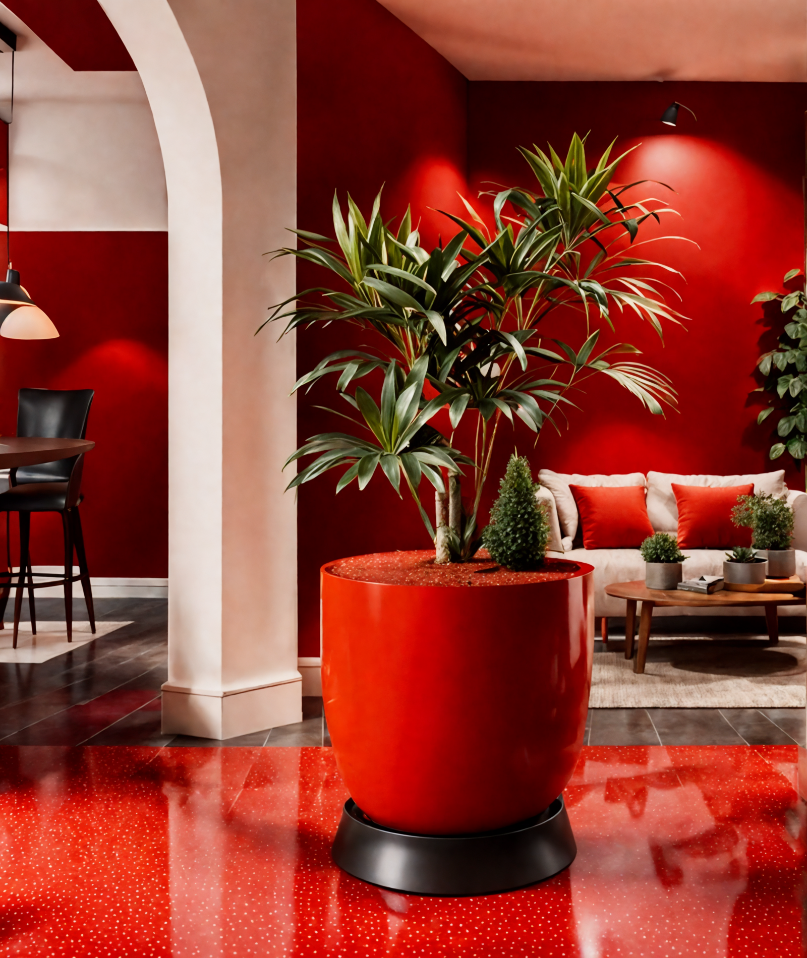 Howea forsteriana in a red vase, with neutral-toned decor and clear lighting.