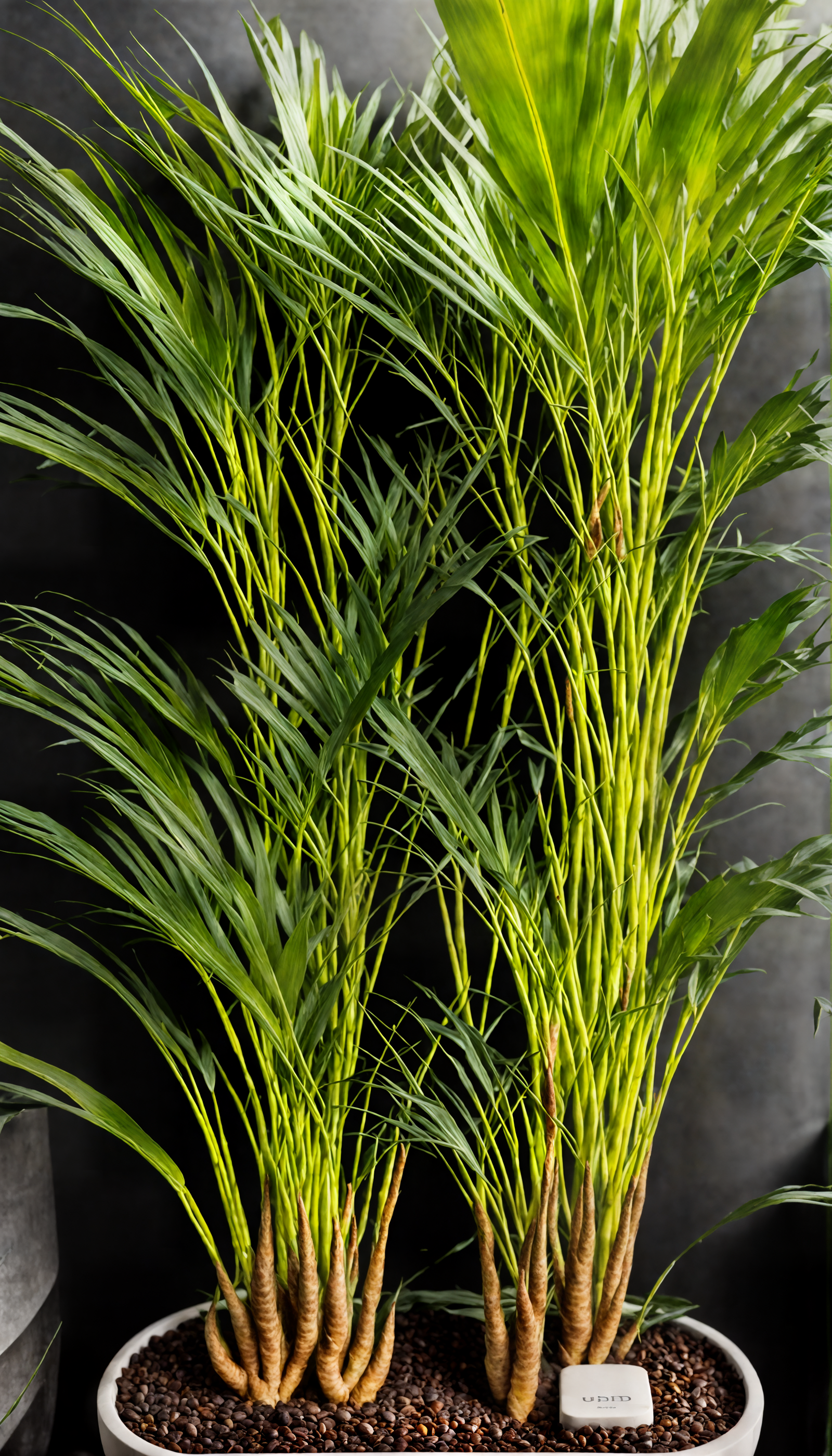 Dypsis lutescens in a vase, with lush foliage, against a dark background in a well-lit room.