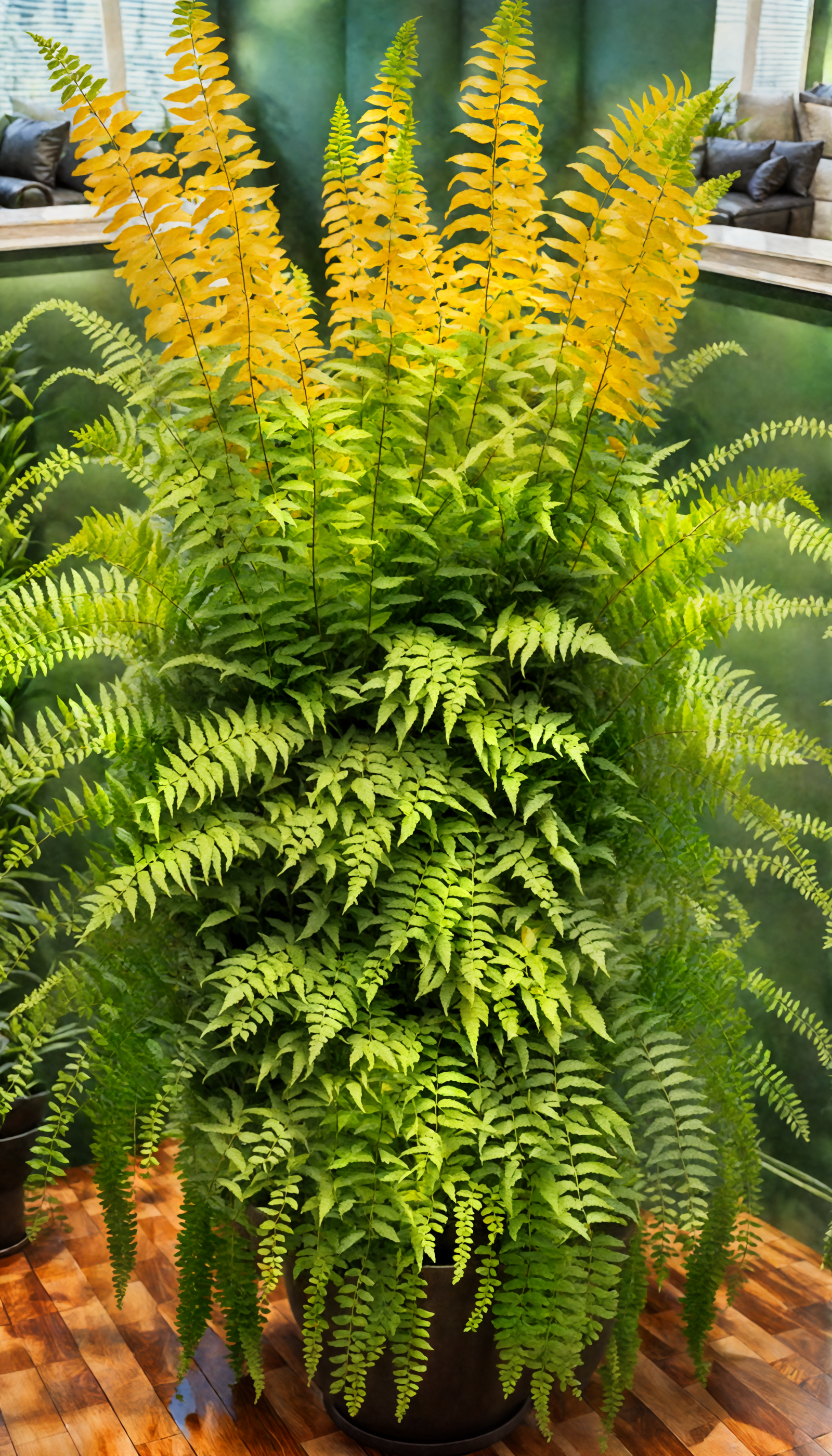 Lush Nephrolepis exaltata (Boston fern) in a rustic indoor setting with green and yellow decor.