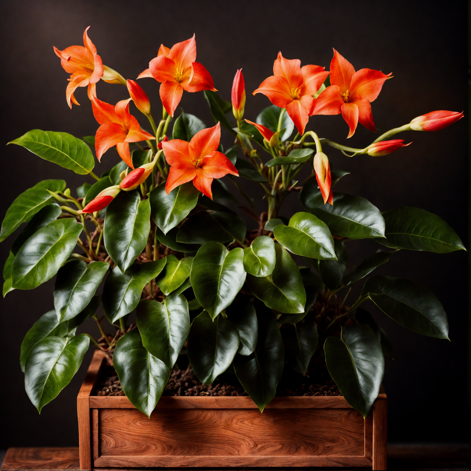 A vibrant Mandevilla sanderi with red blooms on a wooden table, clear lighting, and a dark backdrop.