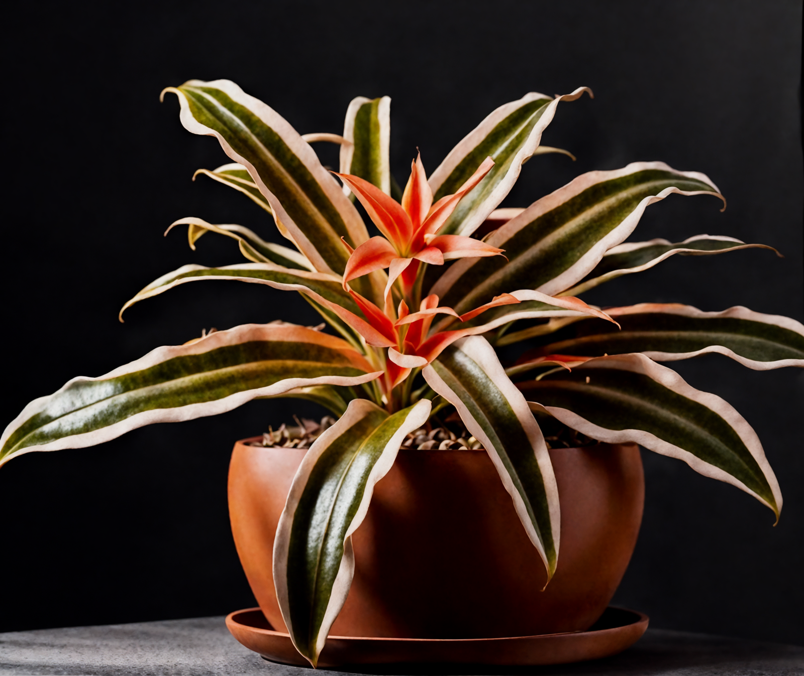 Cryptanthus bivittatus, with red leaves, in a brown bowl, clear lighting, against a dark background.