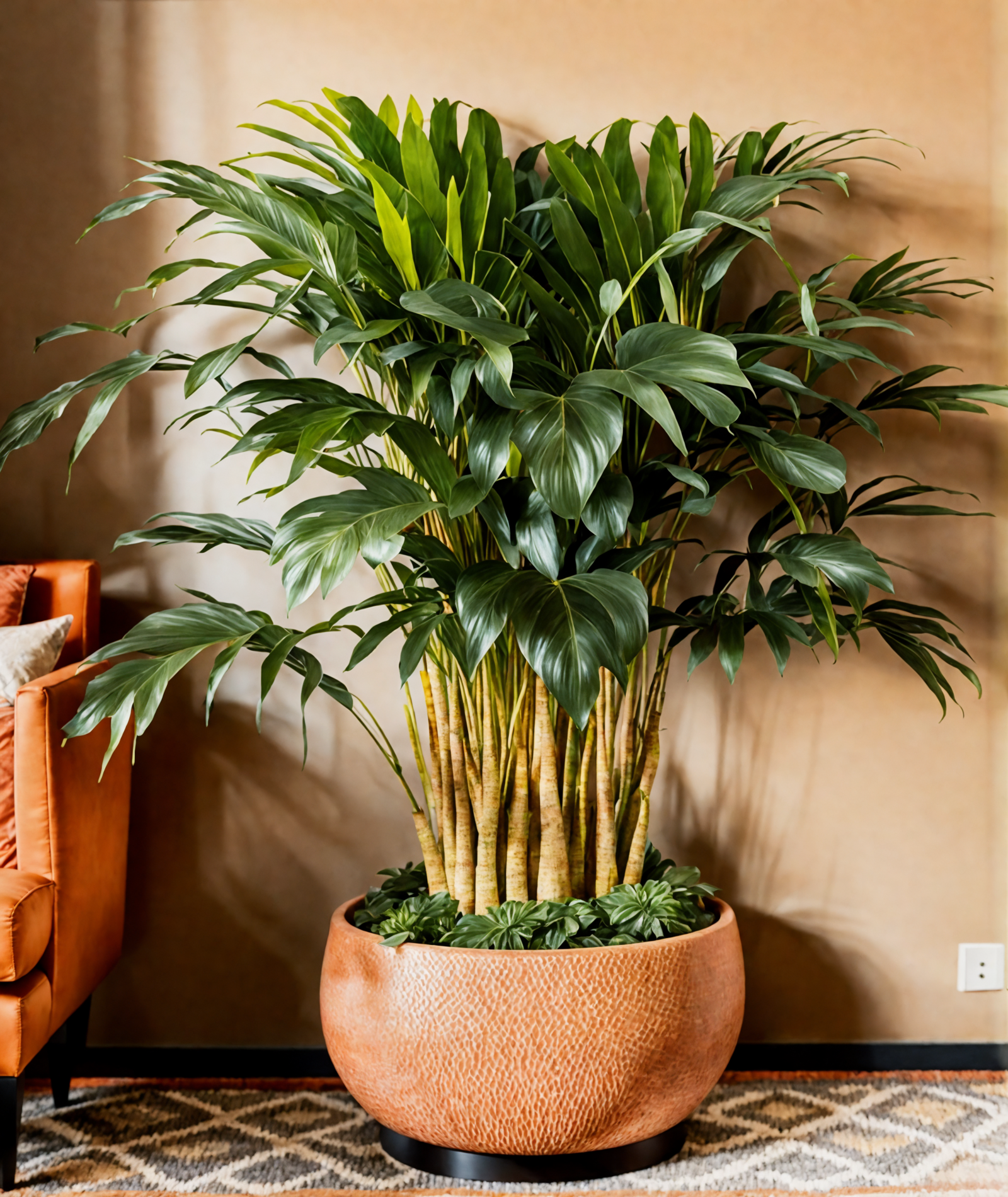 Two Dypsis lutescens (Areca palms) in a brown bowl planter on the floor in a rustic-style room.