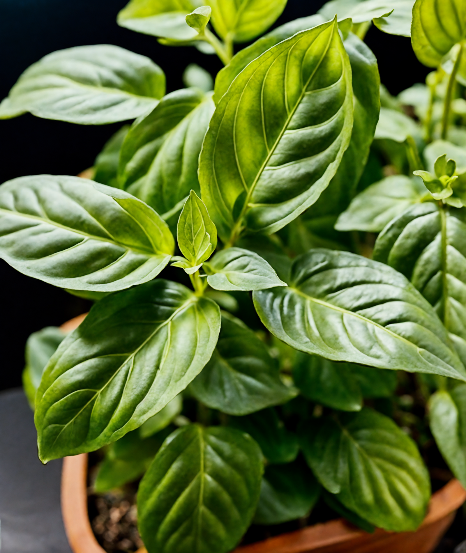Potted Ocimum basilicum (basil) with vibrant green leaves, in a bowl, with clear lighting against a dark background.
