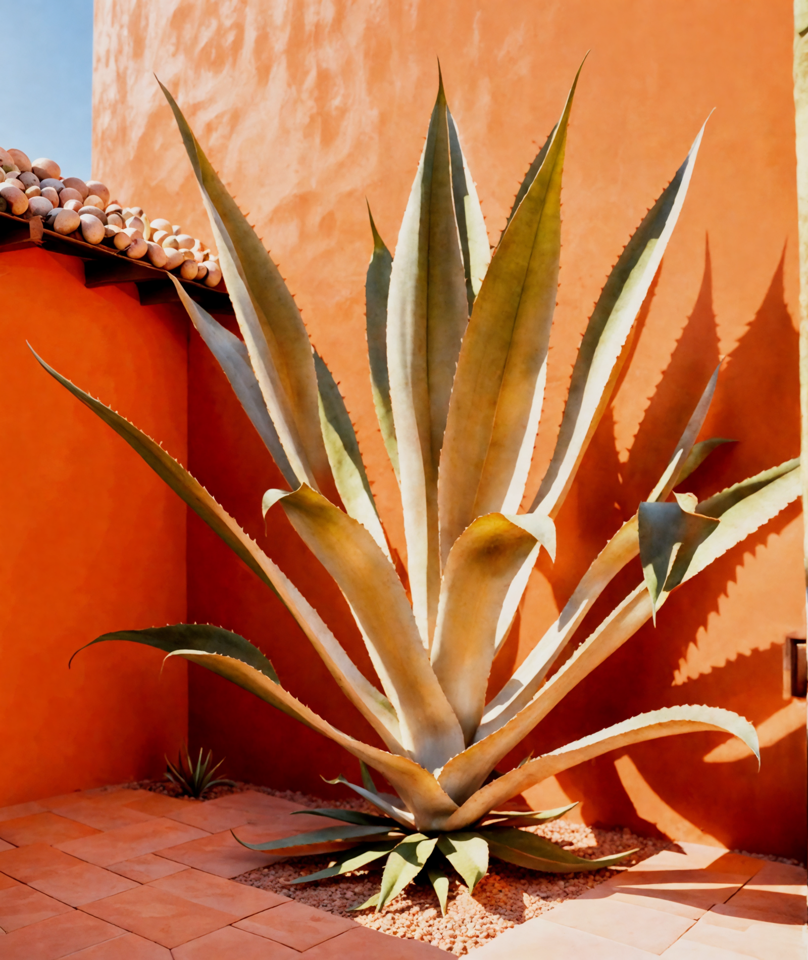 Large red Agave americana by a stone wall with smaller plants on the ground in bright sunlight.