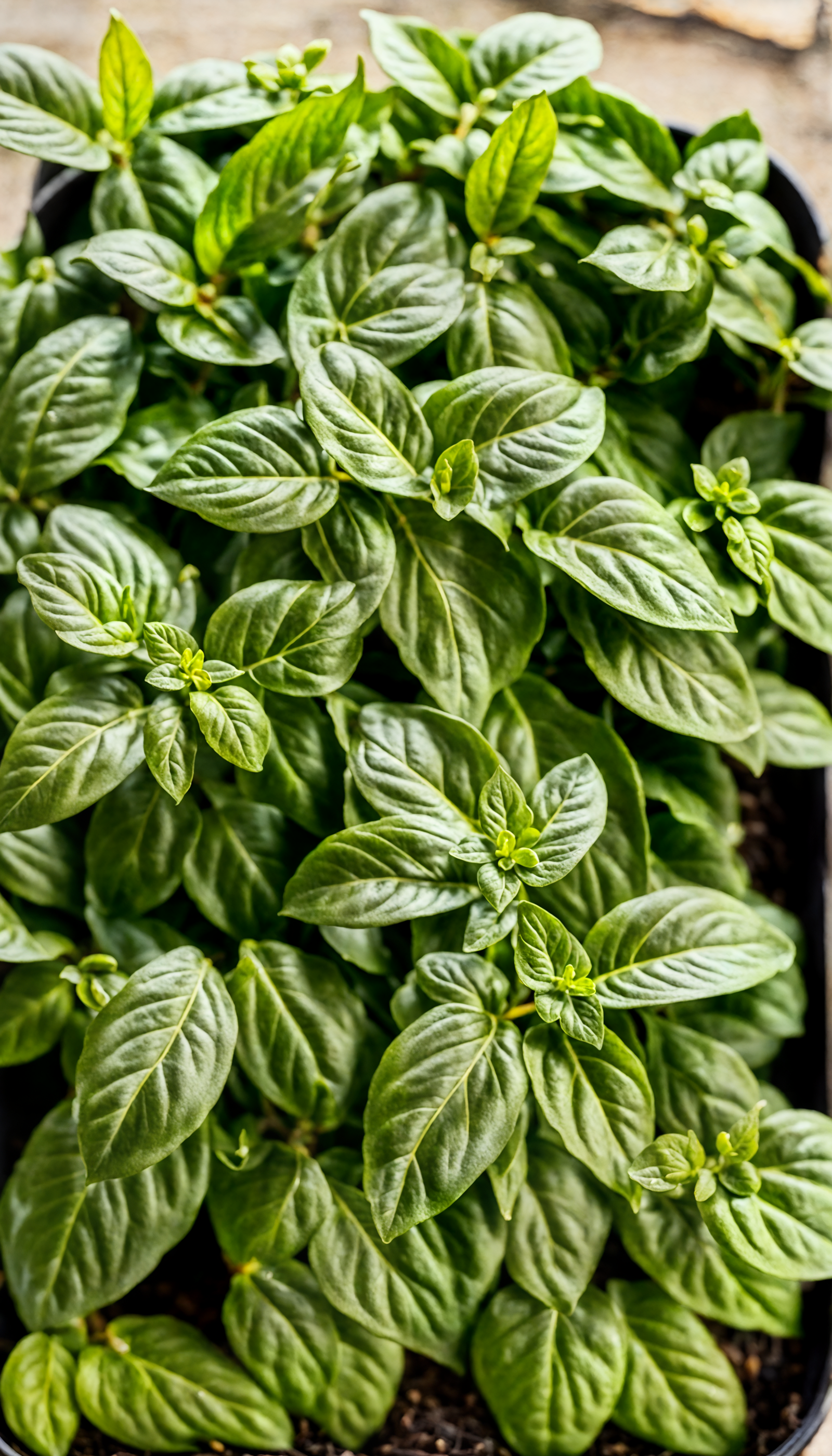 Potted Ocimum basilicum (basil) with vibrant green leaves, clear lighting, against a dark background.