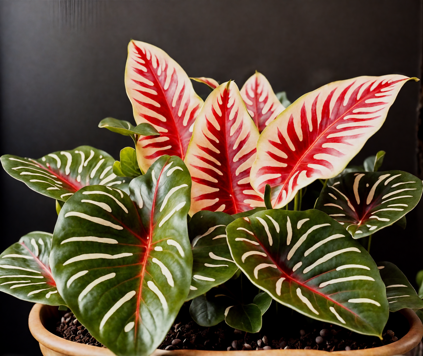 A bowl of vibrant red and pink Caladium bicolor leaves, with clear lighting against a dark background.