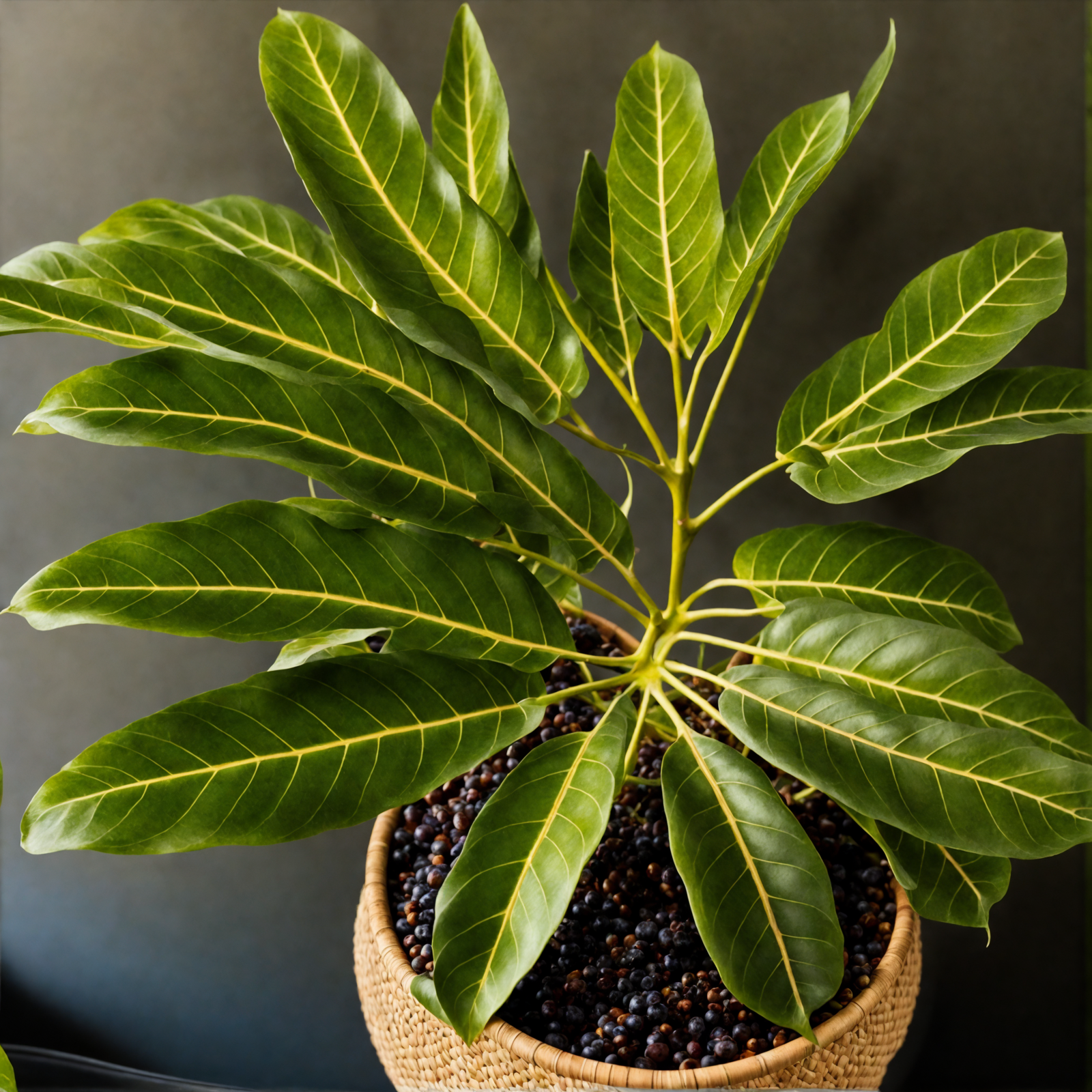 Schefflera actinophylla in a planter, with a leaf detail, against a dark background in a well-lit room.