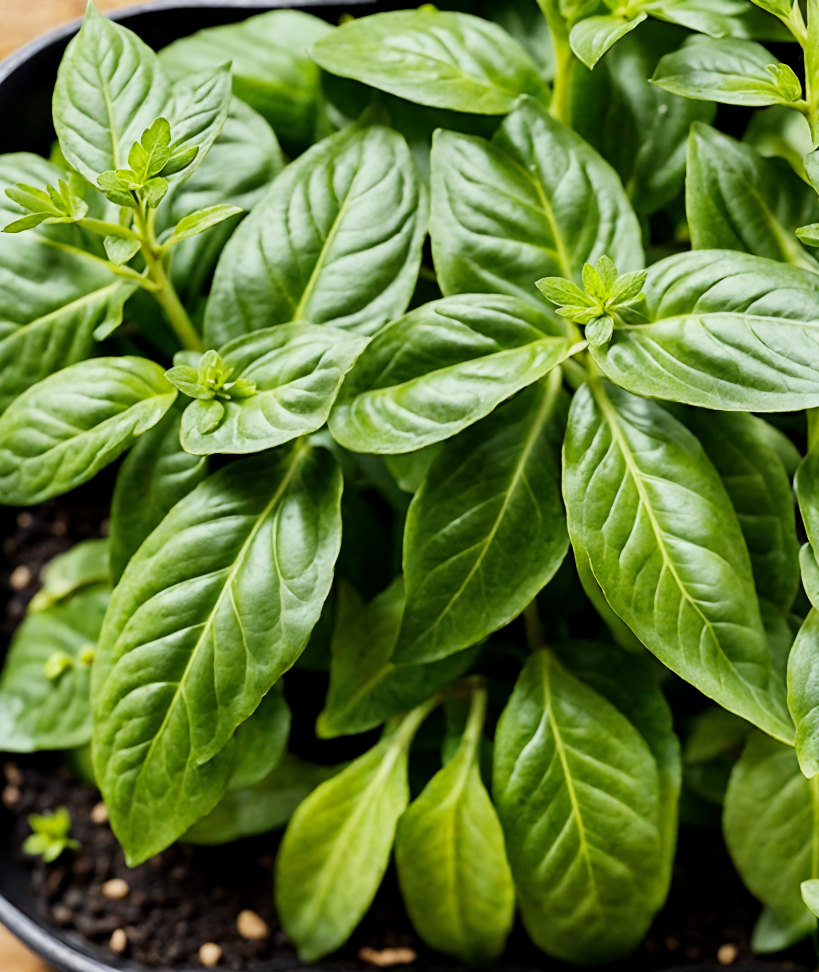 Potted Ocimum basilicum (basil) with vibrant green leaves in a bowl, clear lighting, against a dark background.