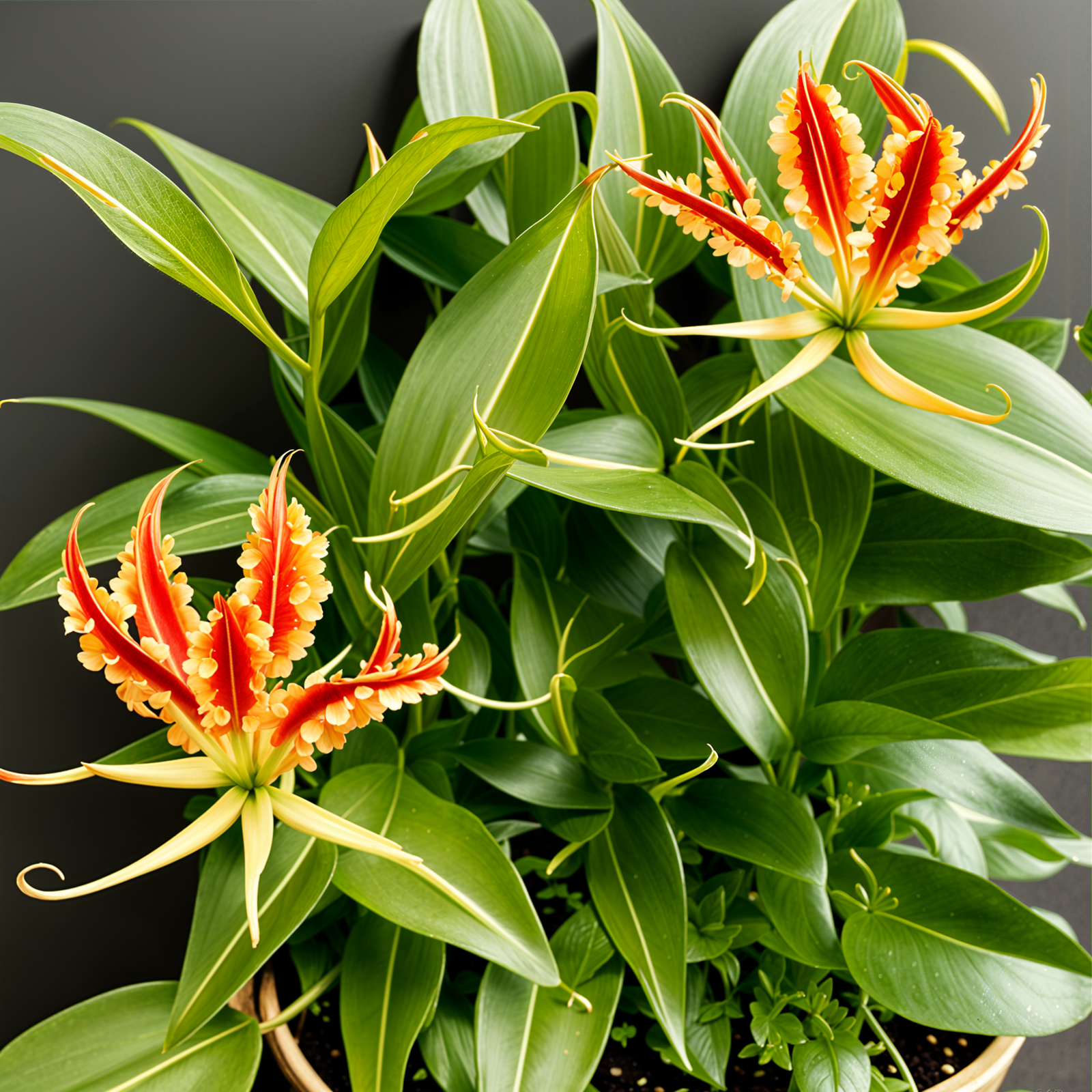 Gloriosa superba plant with flower in a planter, indoor décor, under clear lighting.