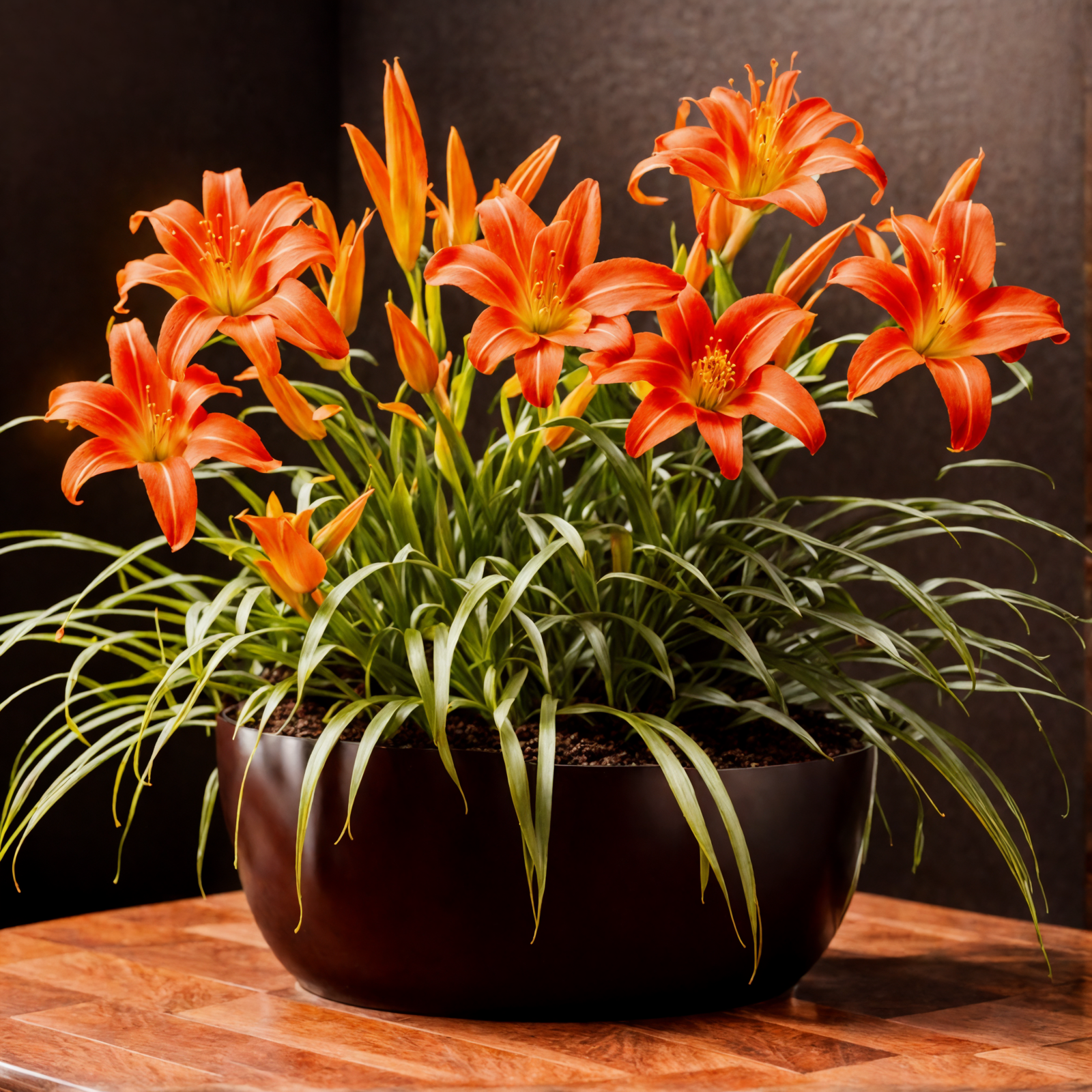 Hemerocallis fulva, or daylily, with vibrant orange blooms, set against a dark background in a neutral-toned planter.