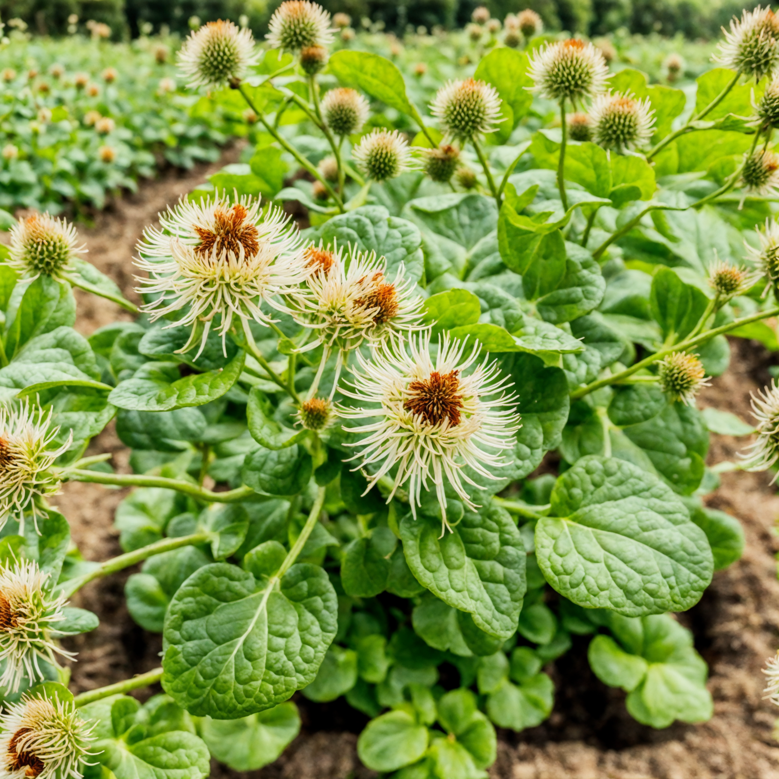 A cluster of Arctium lappa (burdock) flowers in soil, with foliage in a park setting, soft daylight, panoramic view.
