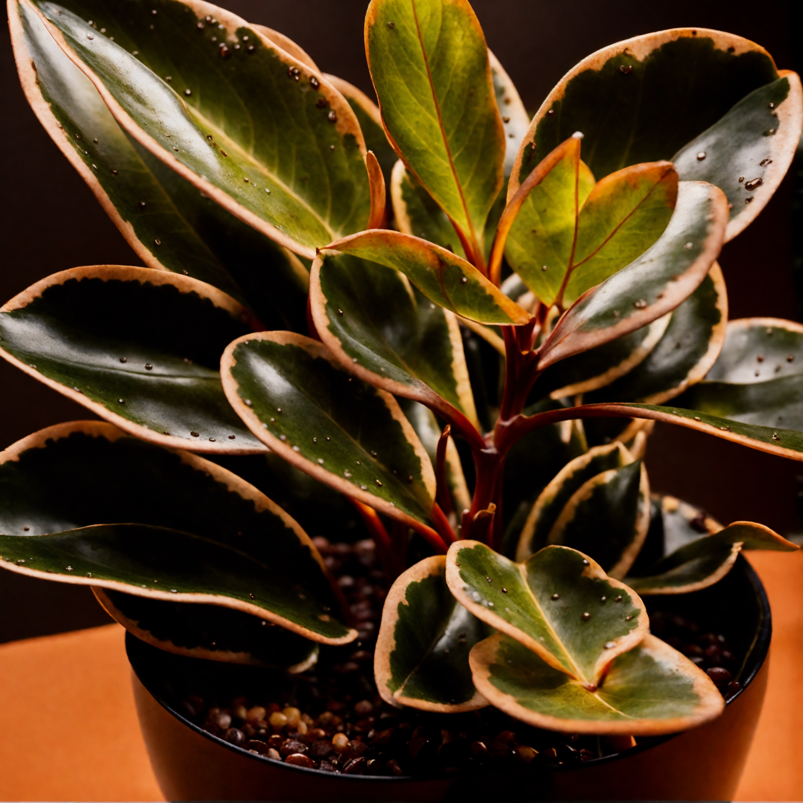 Peperomia clusiifolia in a planter, with lush leaves, against a dark background, in clear indoor lighting.