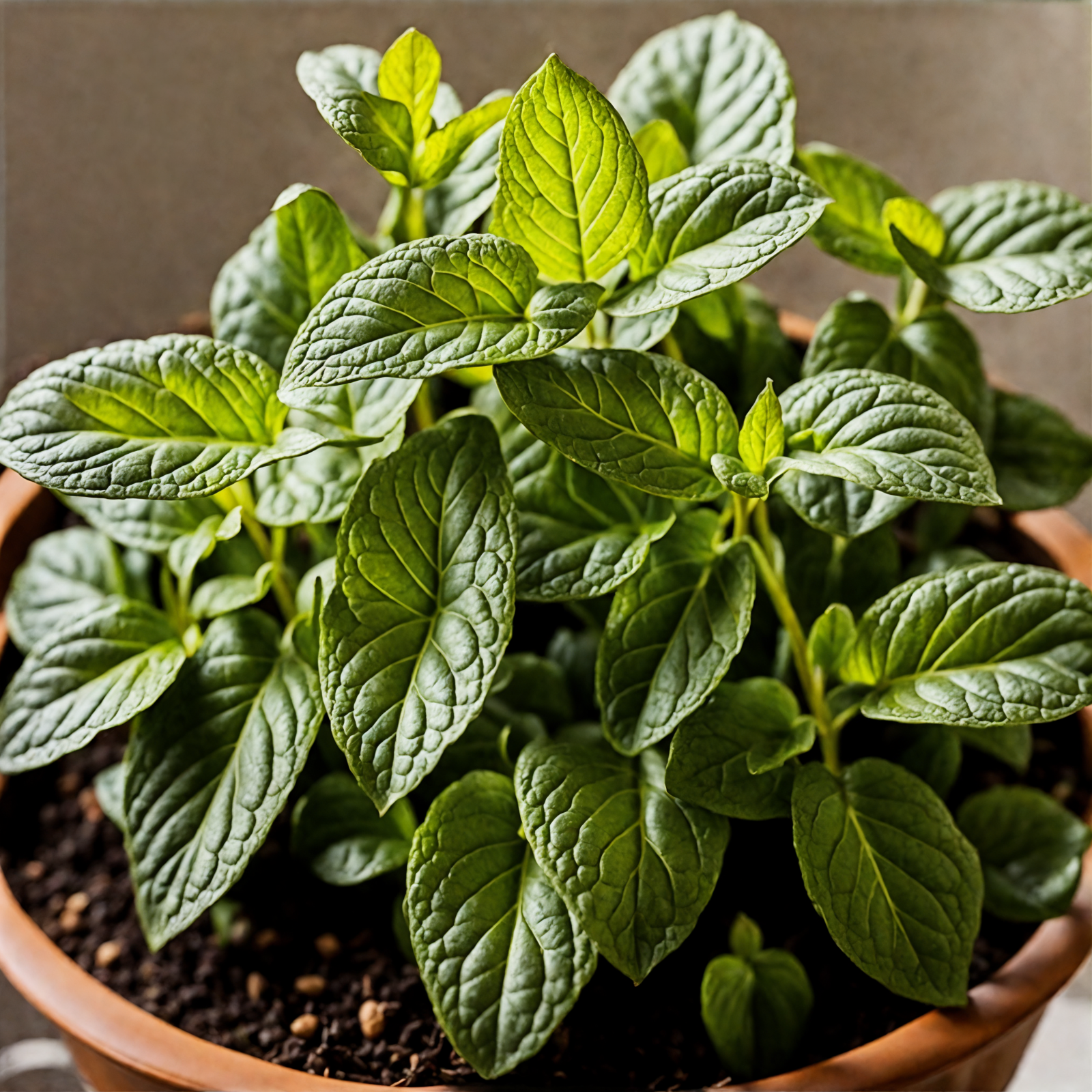 Hyper-realistic Mentha spicata (spearmint) in a bowl, with clear lighting against a dark background, indoor setting.