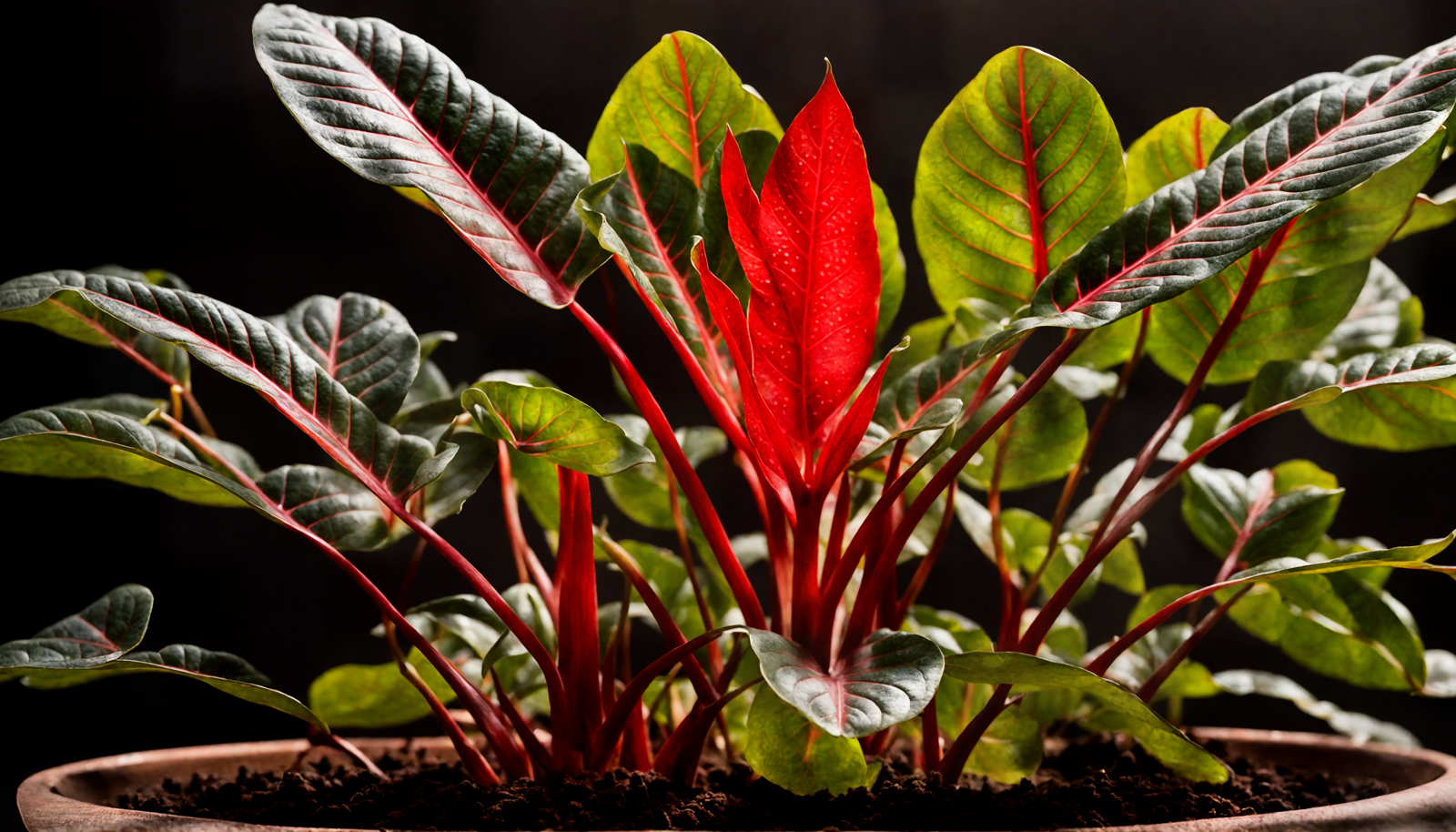 Caladium bicolor with vibrant red leaves and green veins, in a planter, against a dark background.