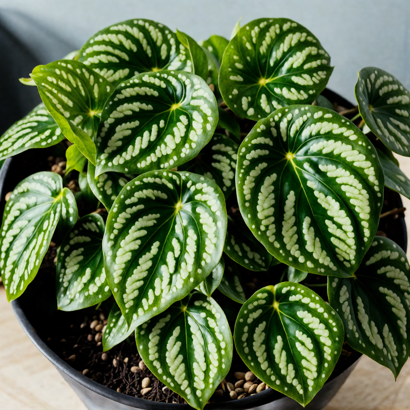Peperomia argyreia, with its watermelon-striped leaves, sits in a planter against a dark background.