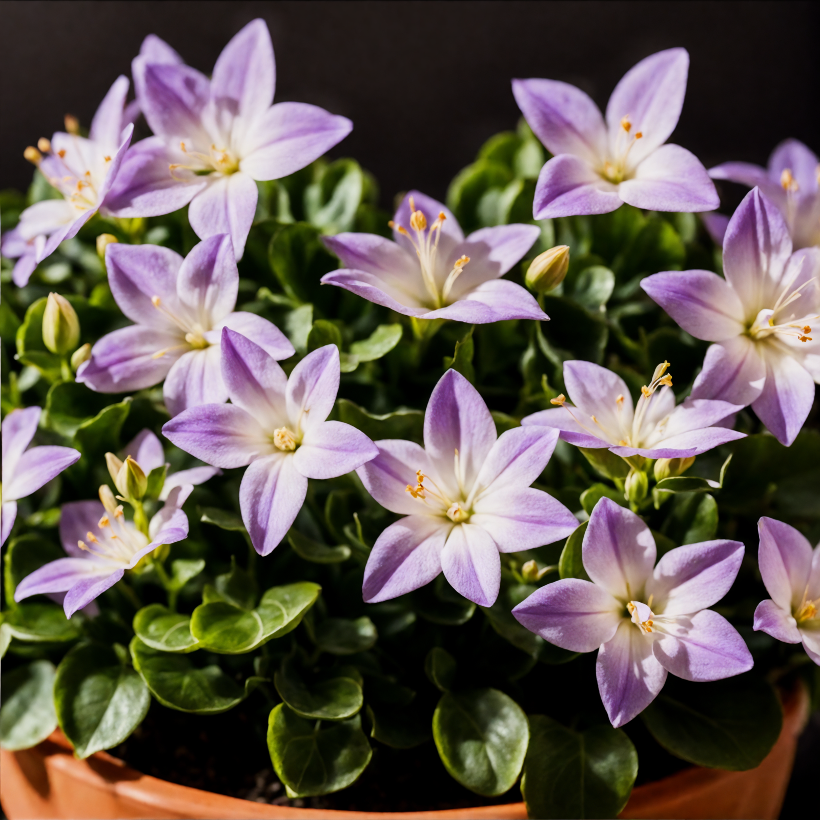 Campanula isophylla, star-shaped purple flowers in a bowl, with clear lighting against a dark background.