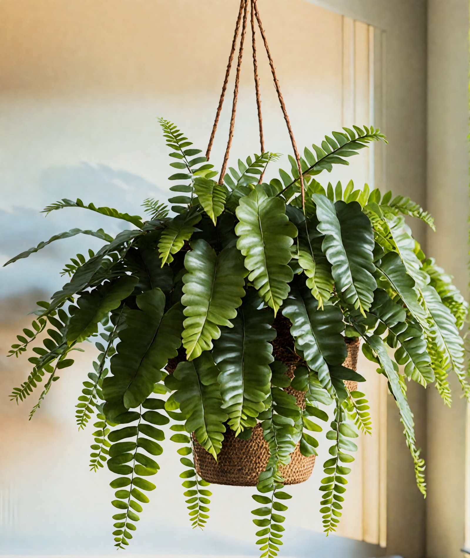 Nephrolepis exaltata (Boston fern) in a hanging planter, with clear indoor lighting and neutral decor.