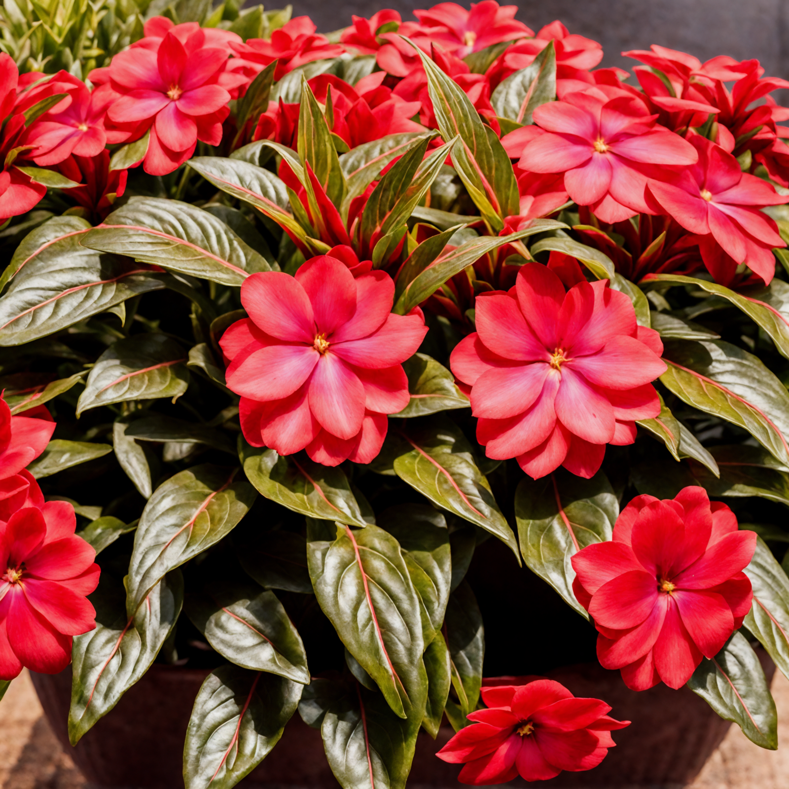 A cluster of vibrant red Impatiens hawkeri flowers in a planter, with clear lighting and a dark backdrop.