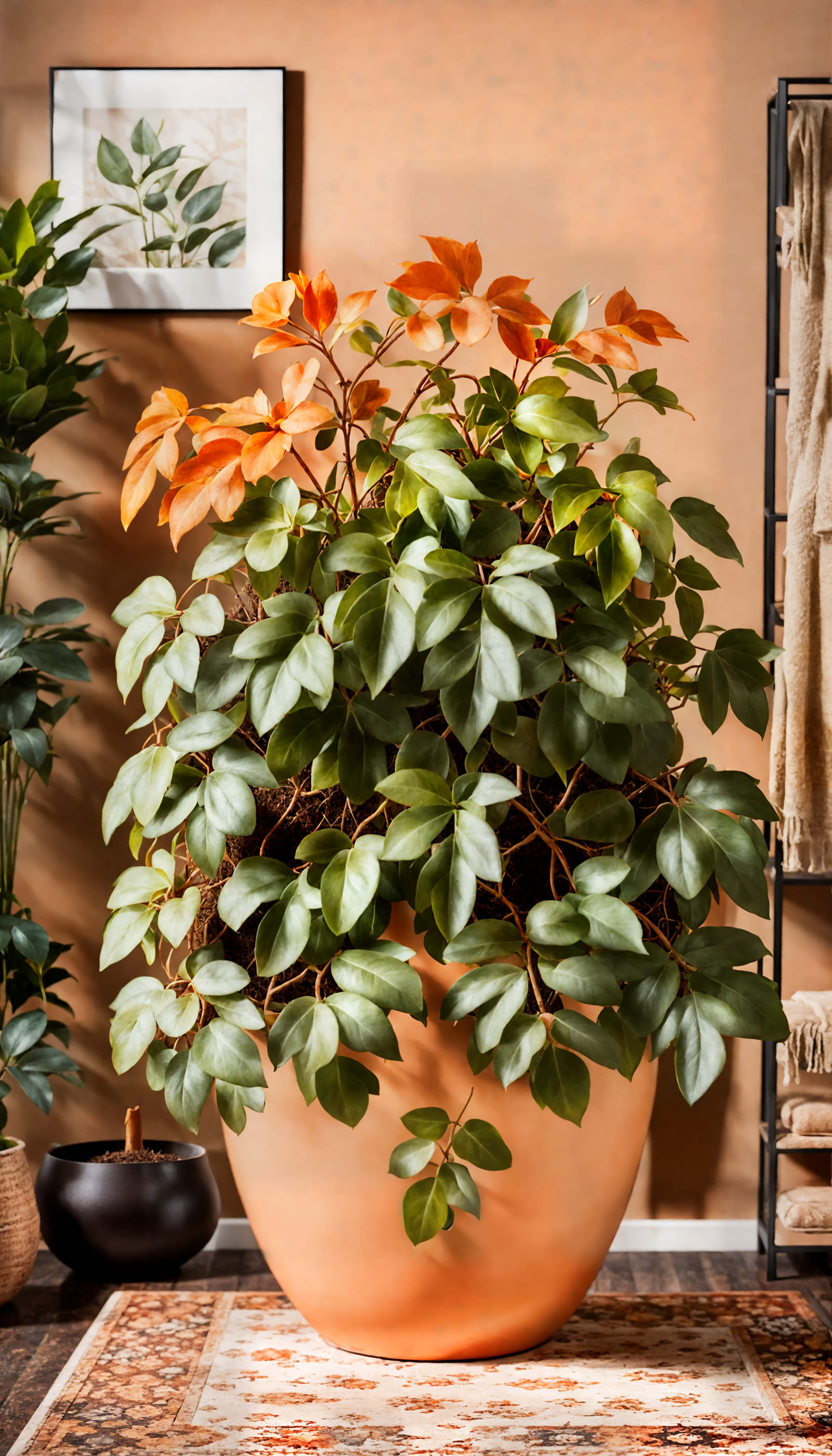 Cissus alata with broad orange leaves in a rustic bowl planter on a wooden floor, indoor setting.