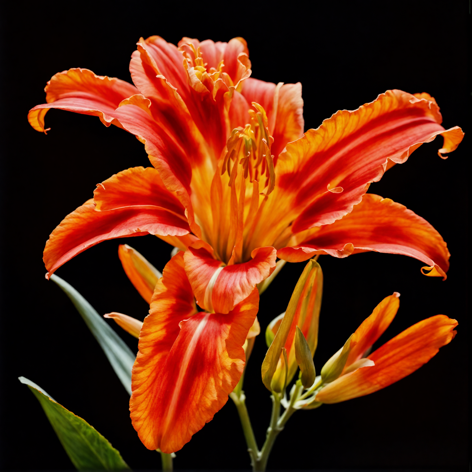 A single, detailed Hemerocallis fulva (daylily) on a dark background, centered and isolated.