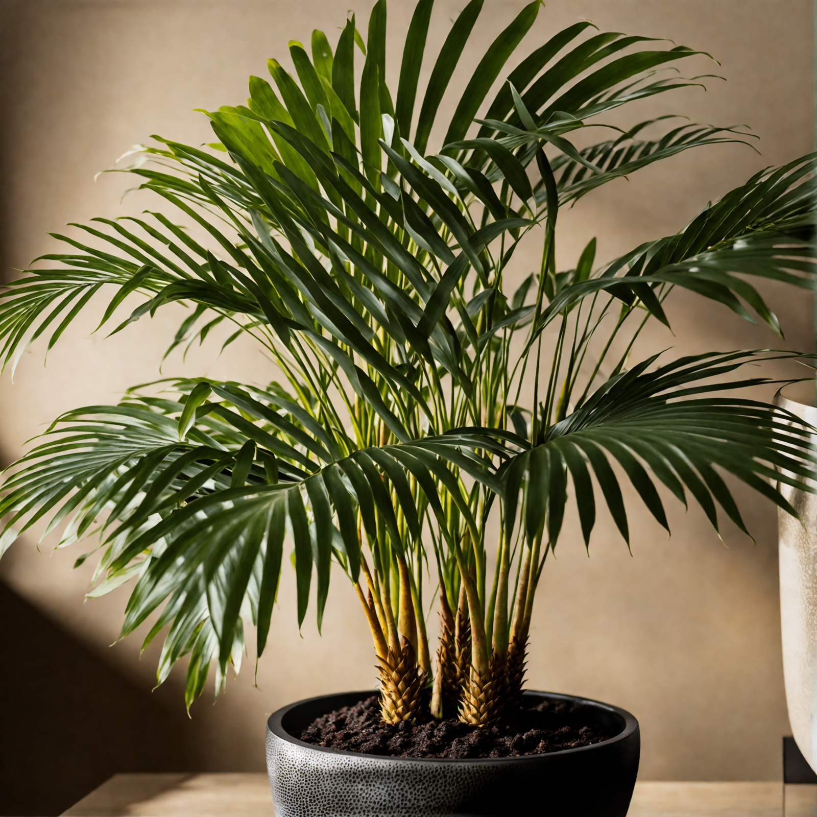 Howea forsteriana in a planter on a wooden table, with clear lighting and a dark background.